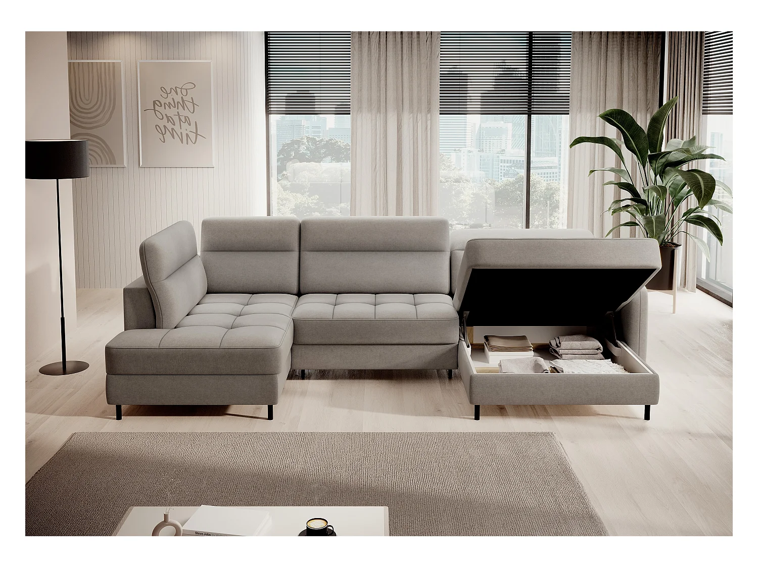 Canapé panoramique convertible BENTO en tissu avec coffre de rangement-Gris taupe-angle droit