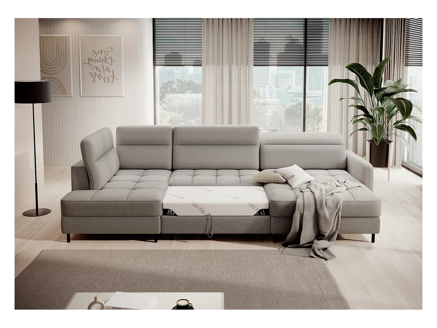 Canapé panoramique convertible BENTO en tissu avec coffre de rangement-Gris taupe-angle droit