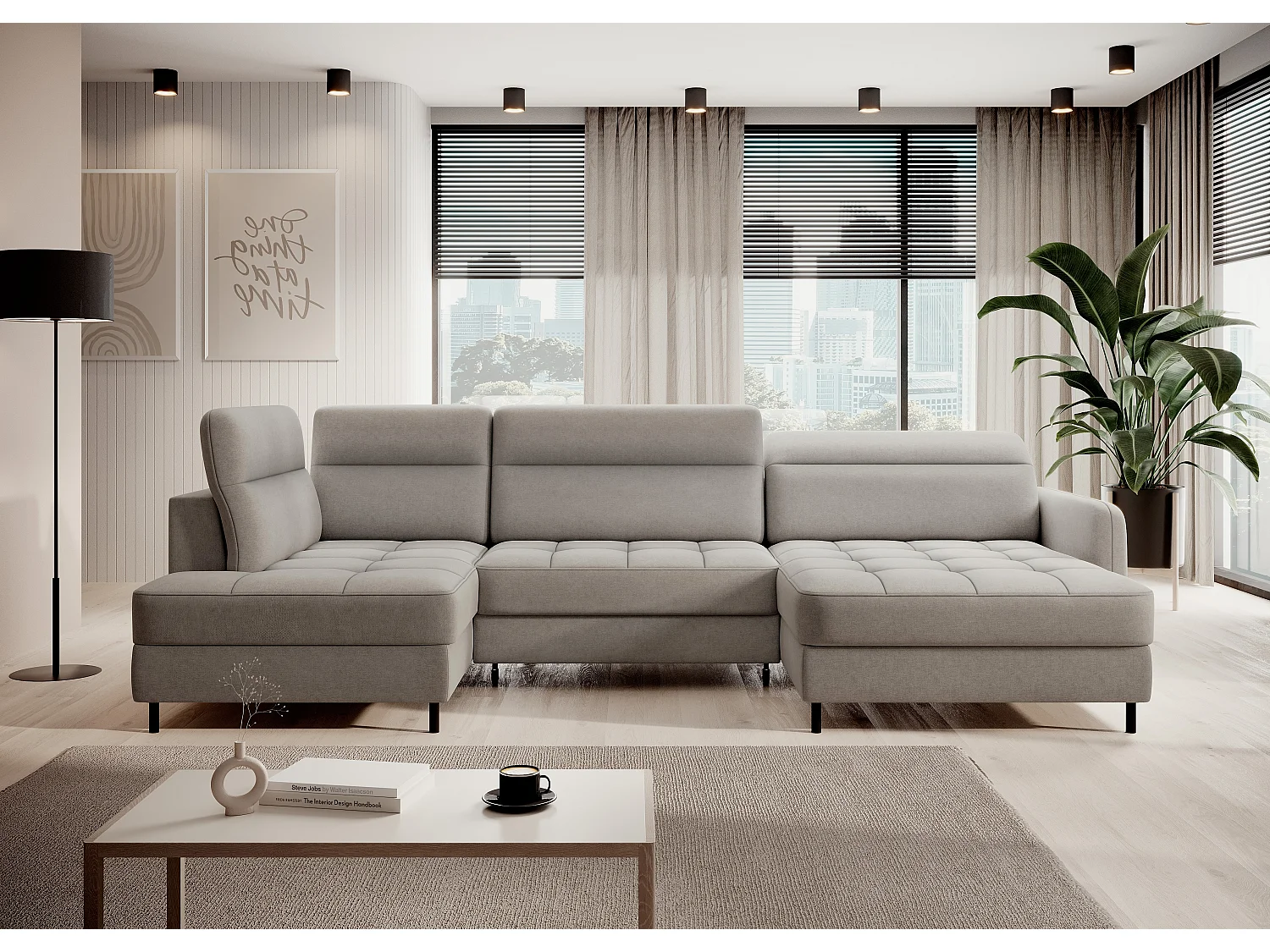 Canapé panoramique convertible BENTO en tissu avec coffre de rangement-Gris taupe-angle droit