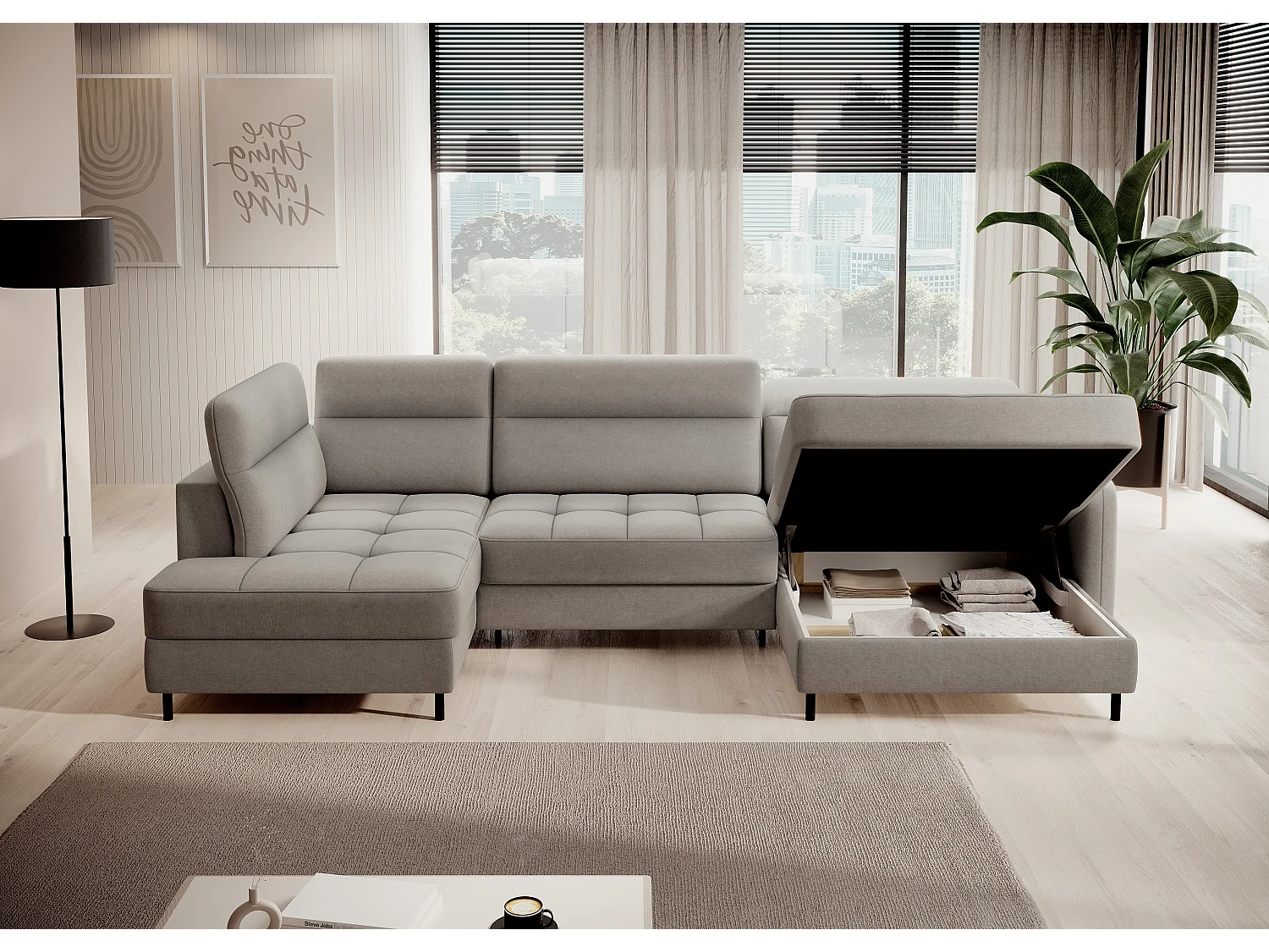 Canapé panoramique convertible BENTO en tissu avec coffre de rangement-Gris taupe-angle droit