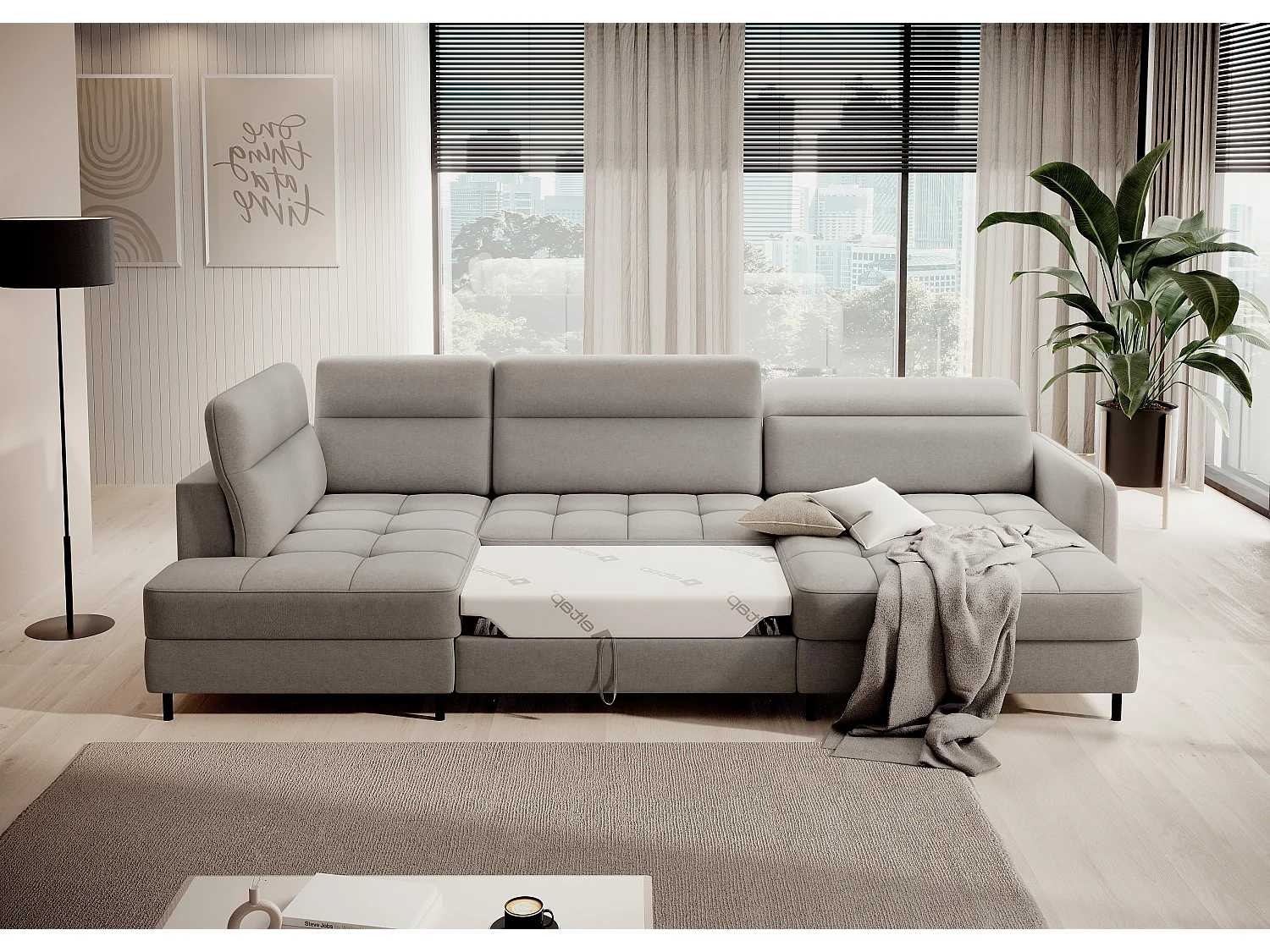 Canapé panoramique convertible BENTO en tissu avec coffre de rangement-Gris taupe-angle droit