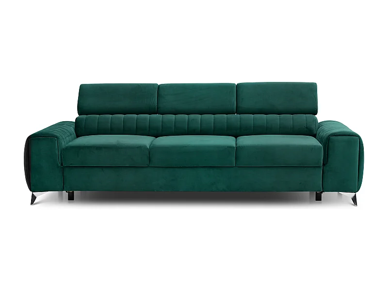 Canapé convertible velours LOZA - Appuis-tête réglables et pieds acier chromé-Vert