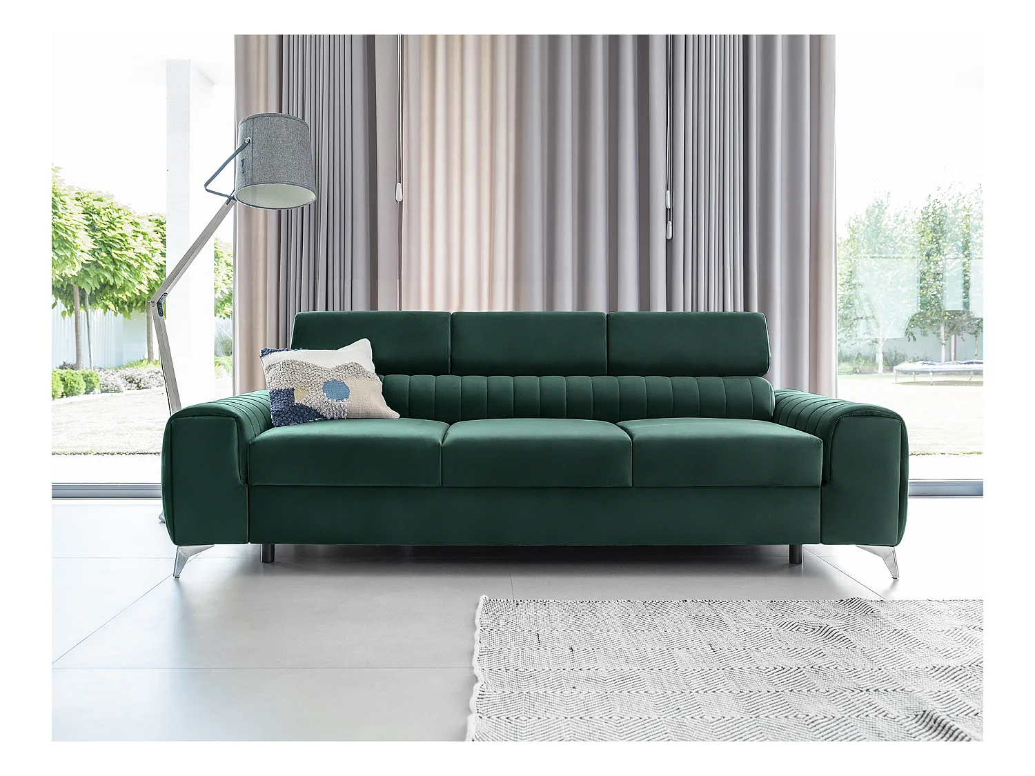 Canapé convertible velours LOZA - Appuis-tête réglables et pieds acier chromé-Vert
