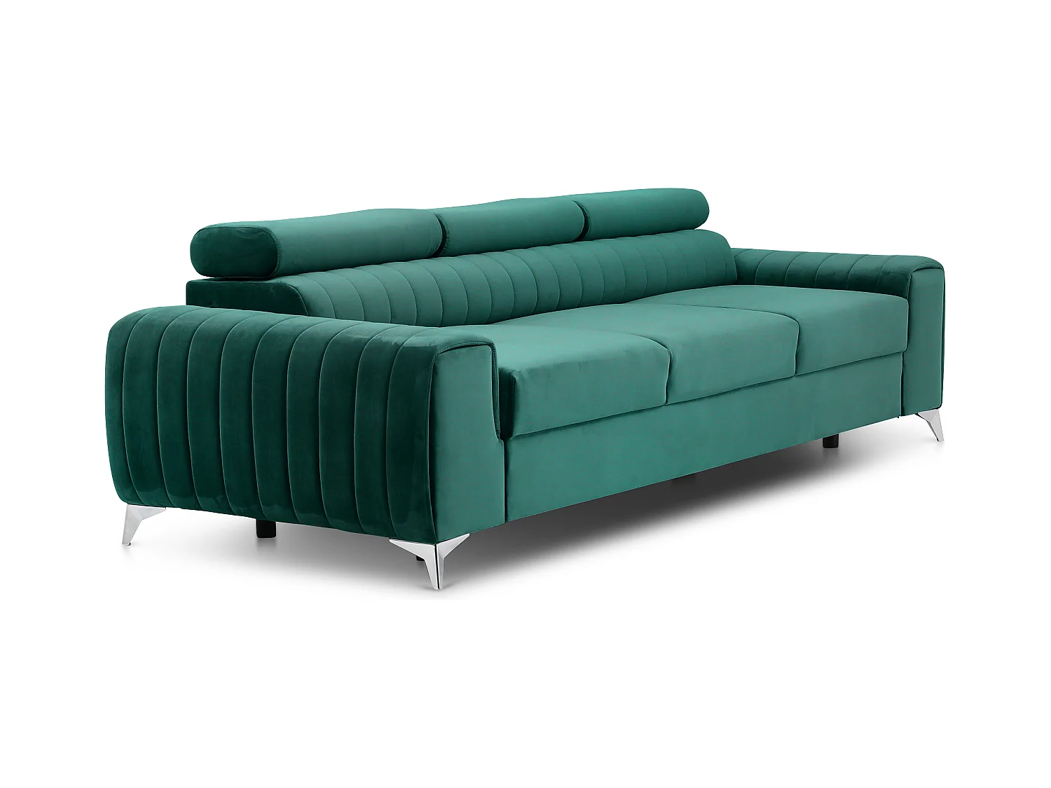 Canapé convertible velours LOZA - Appuis-tête réglables et pieds acier chromé-Vert