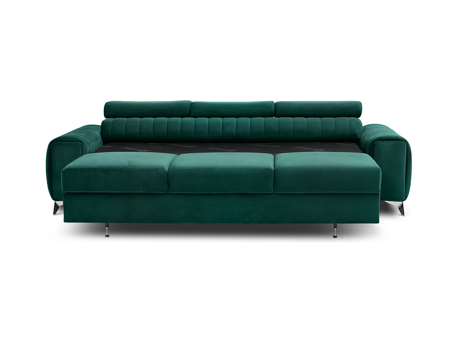 Canapé convertible velours LOZA - Appuis-tête réglables et pieds acier chromé-Vert