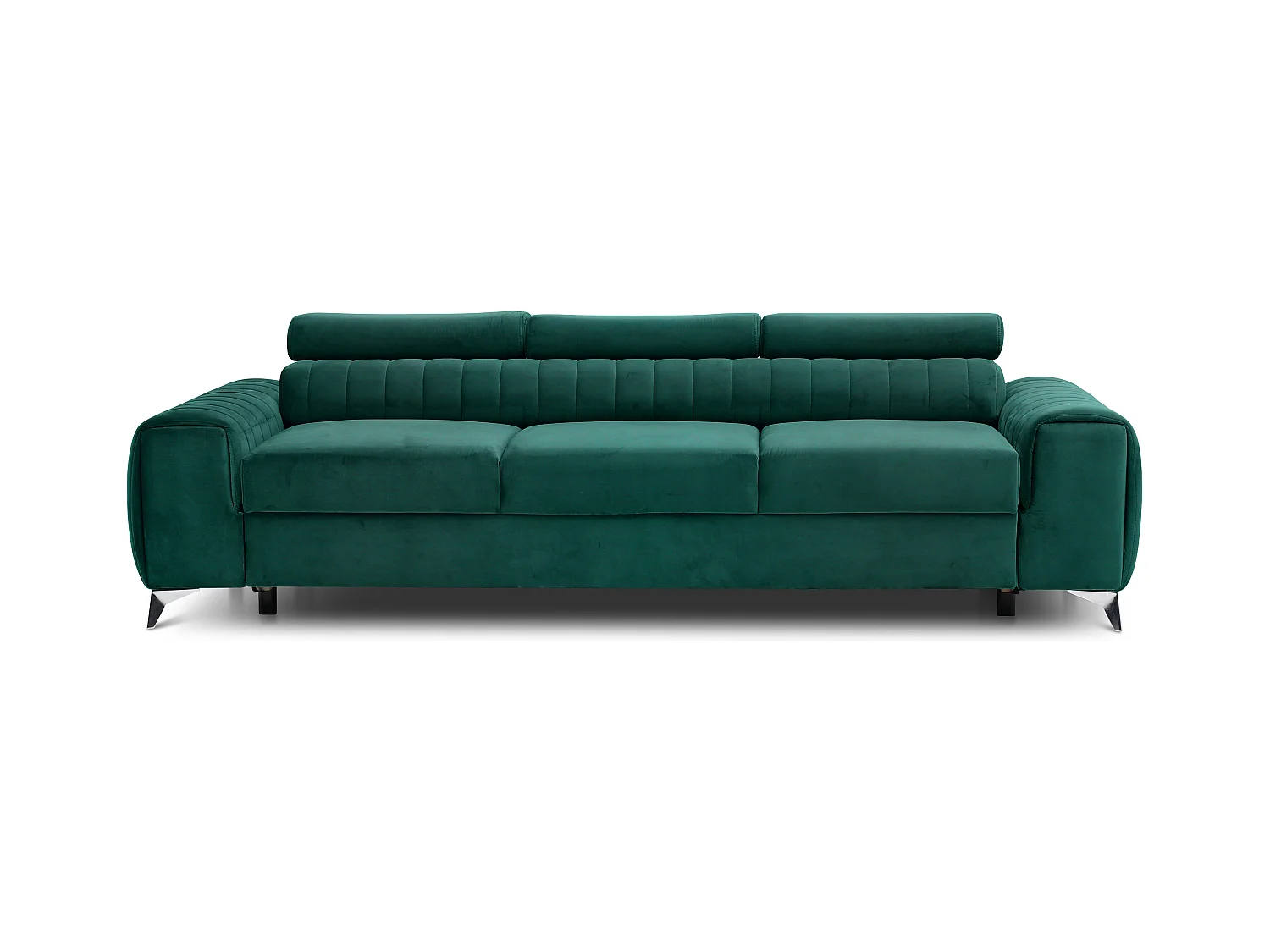 Canapé convertible velours LOZA - Appuis-tête réglables et pieds acier chromé-Vert