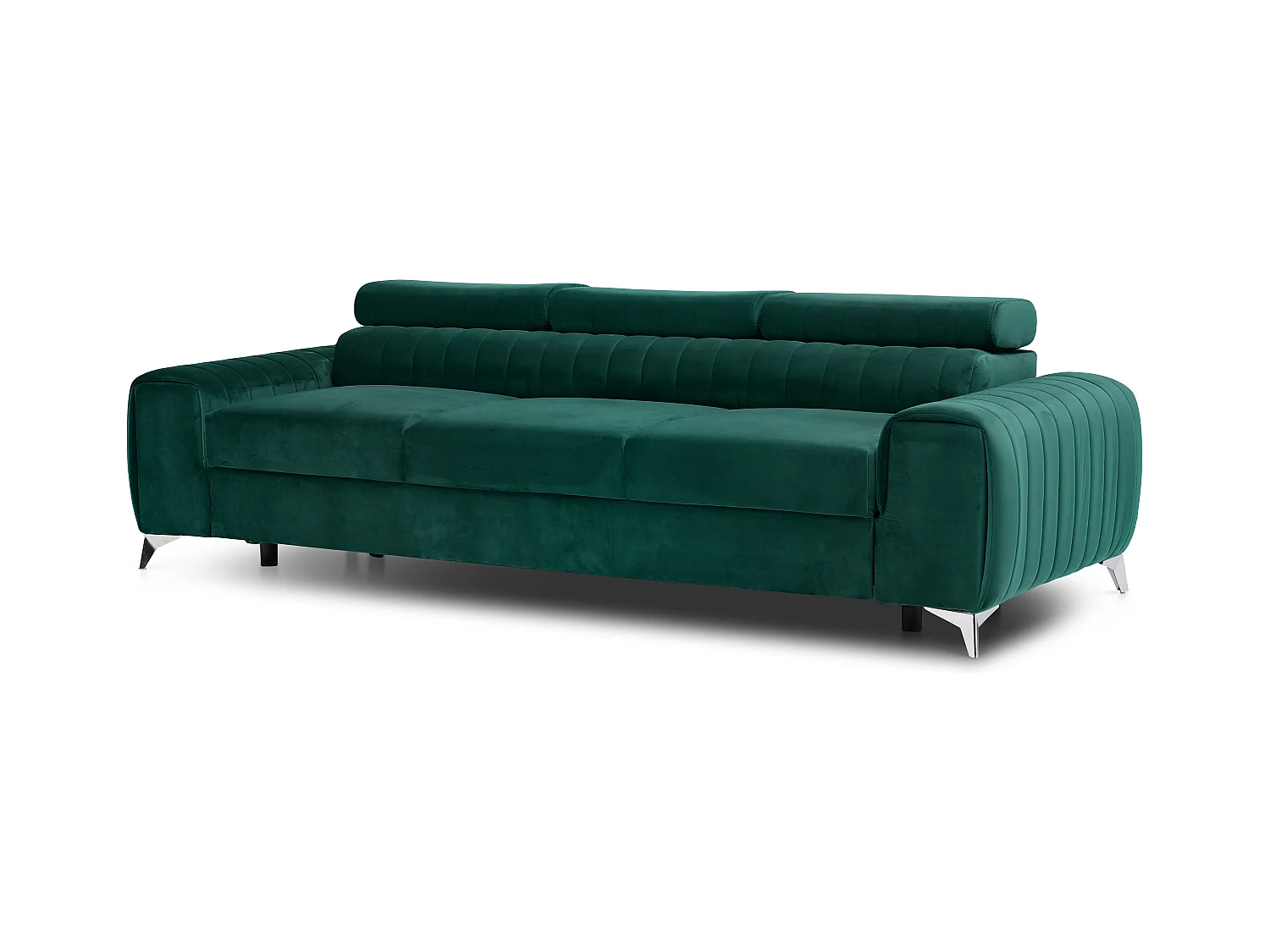 Canapé convertible velours LOZA - Appuis-tête réglables et pieds acier chromé-Vert