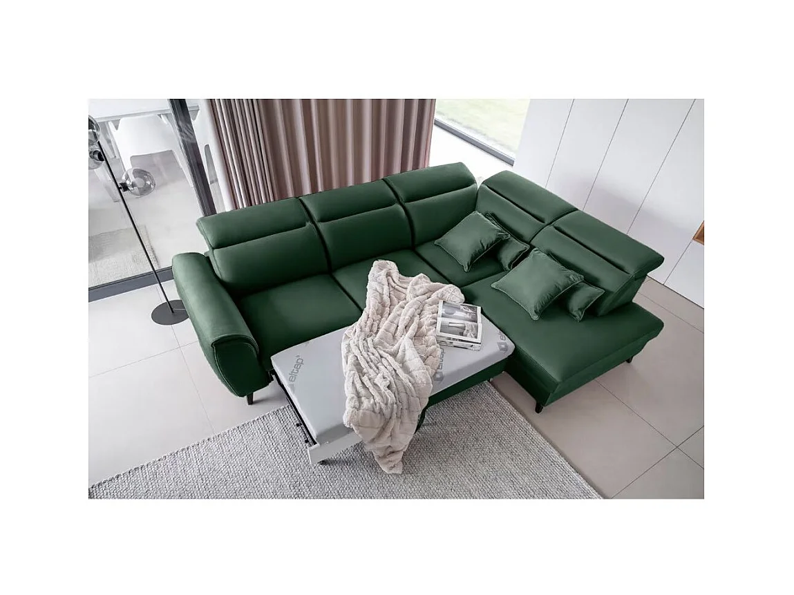 NOBLESSE omvormbare hoekbank met fluwelen opbergruimte - Zwarte houten poten-Kleur Spinazie groen-juiste hoek