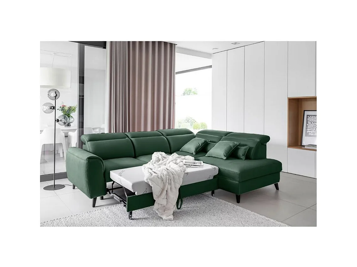 NOBLESSE omvormbare hoekbank met fluwelen opbergruimte - Zwarte houten poten-Kleur Spinazie groen-juiste hoek