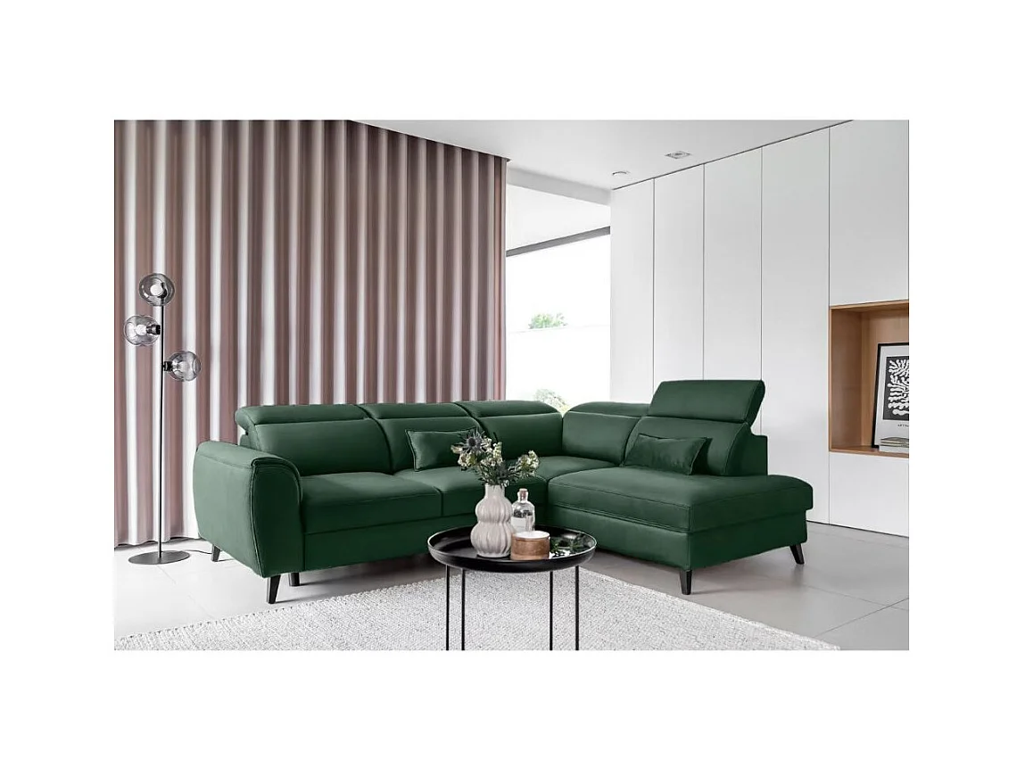 NOBLESSE omvormbare hoekbank met fluwelen opbergruimte - Zwarte houten poten-Kleur Spinazie groen-juiste hoek