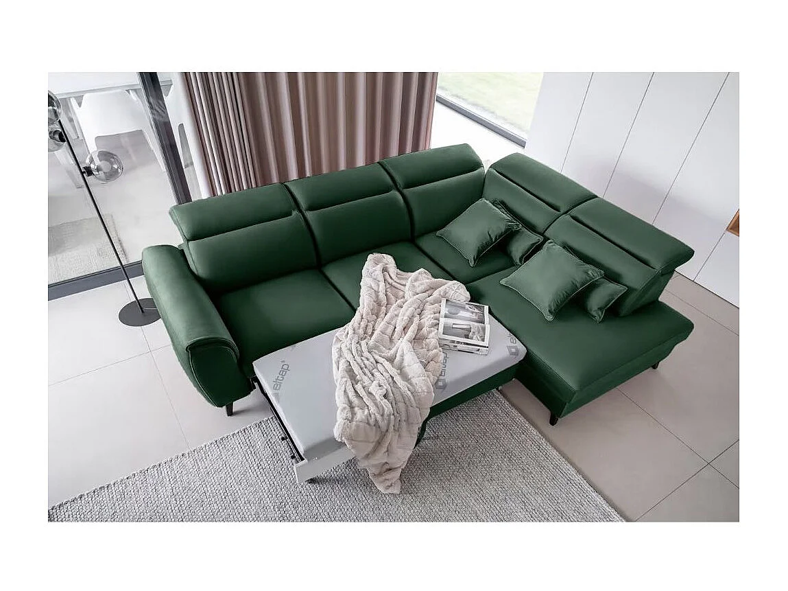 Canapé d'angle convertible avec rangement velours NOBLESSE - Pieds bois noir-Vert épinard-angle droit