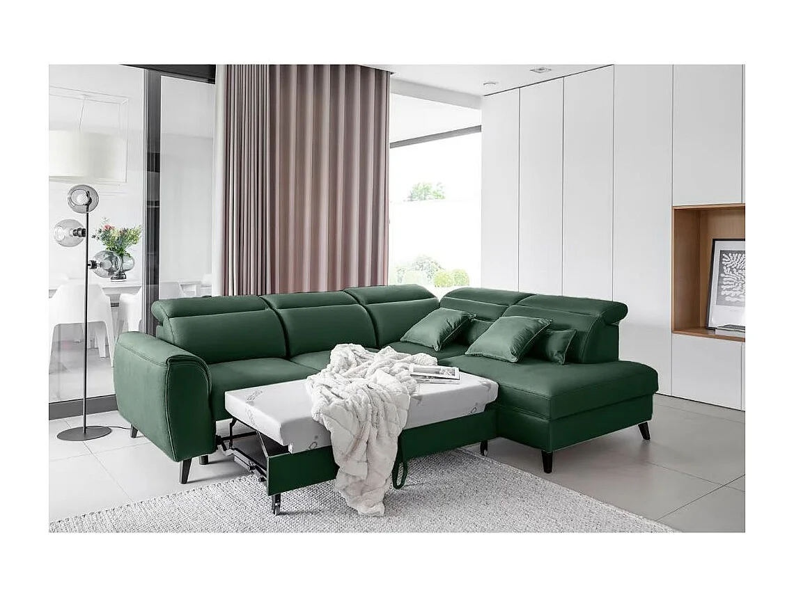 Canapé d'angle convertible avec rangement velours NOBLESSE - Pieds bois noir-Vert épinard-angle droit