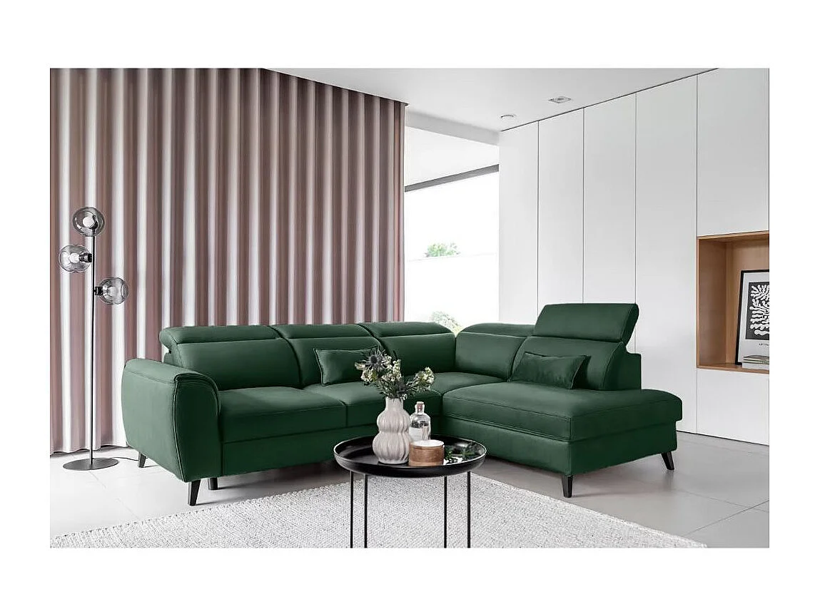Canapé d'angle convertible avec rangement velours NOBLESSE - Pieds bois noir-Vert épinard-angle droit