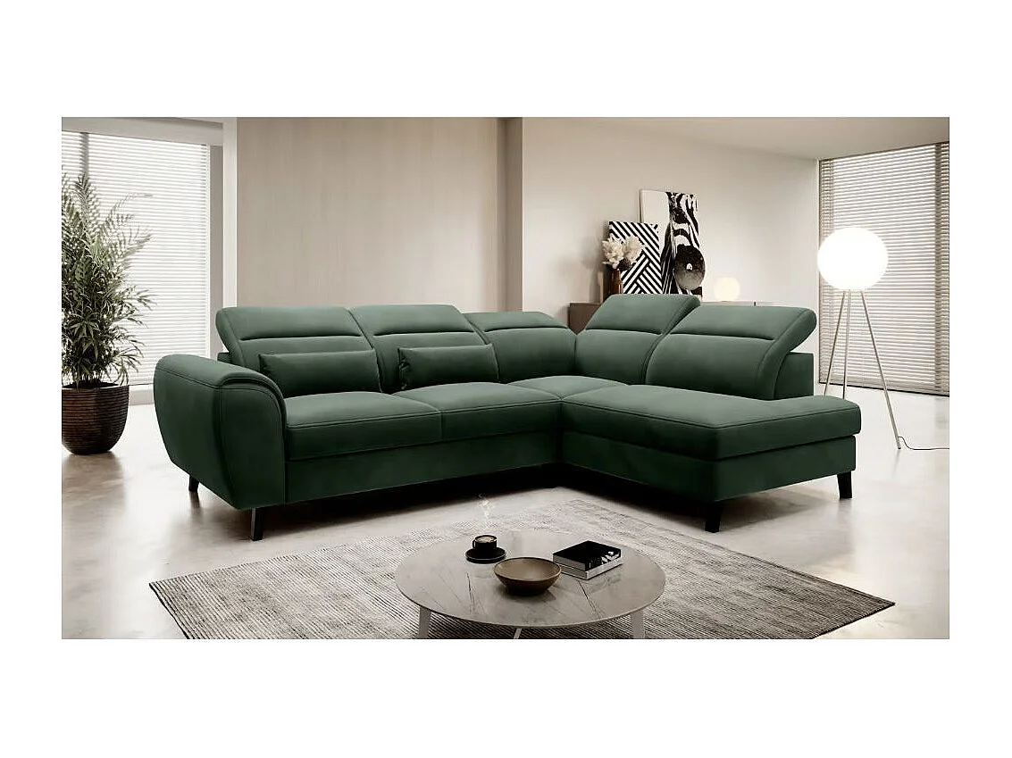 Canapé d'angle convertible avec rangement velours NOBLESSE - Pieds bois noir-Vert épinard-angle droit