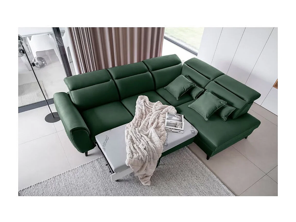 NOBLESSE omvormbare hoekbank met fluwelen opbergruimte - Zwarte houten poten-Kleur Spinazie groen-juiste hoek