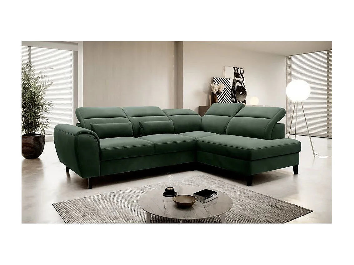 NOBLESSE omvormbare hoekbank met fluwelen opbergruimte - Zwarte houten poten-Kleur Spinazie groen-juiste hoek