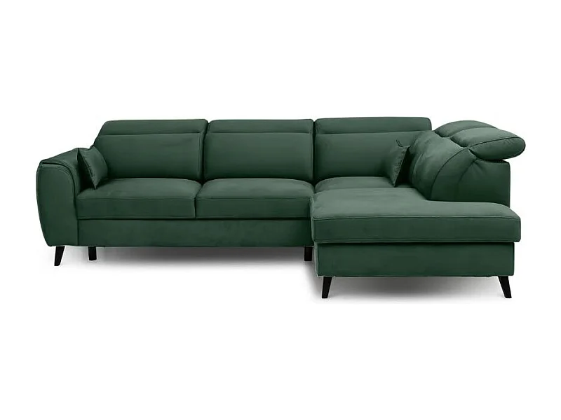 Canapé d'angle convertible avec rangement velours NOBLESSE - Pieds bois noir-Vert épinard-angle droit