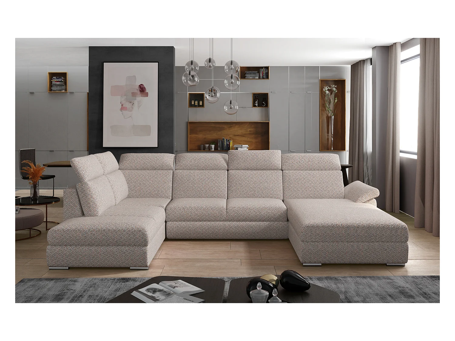 Canapé panoramique convertible LEVANO tissu - Rangement et appuie-têtes réglables-Beige clair-Coffre à droite