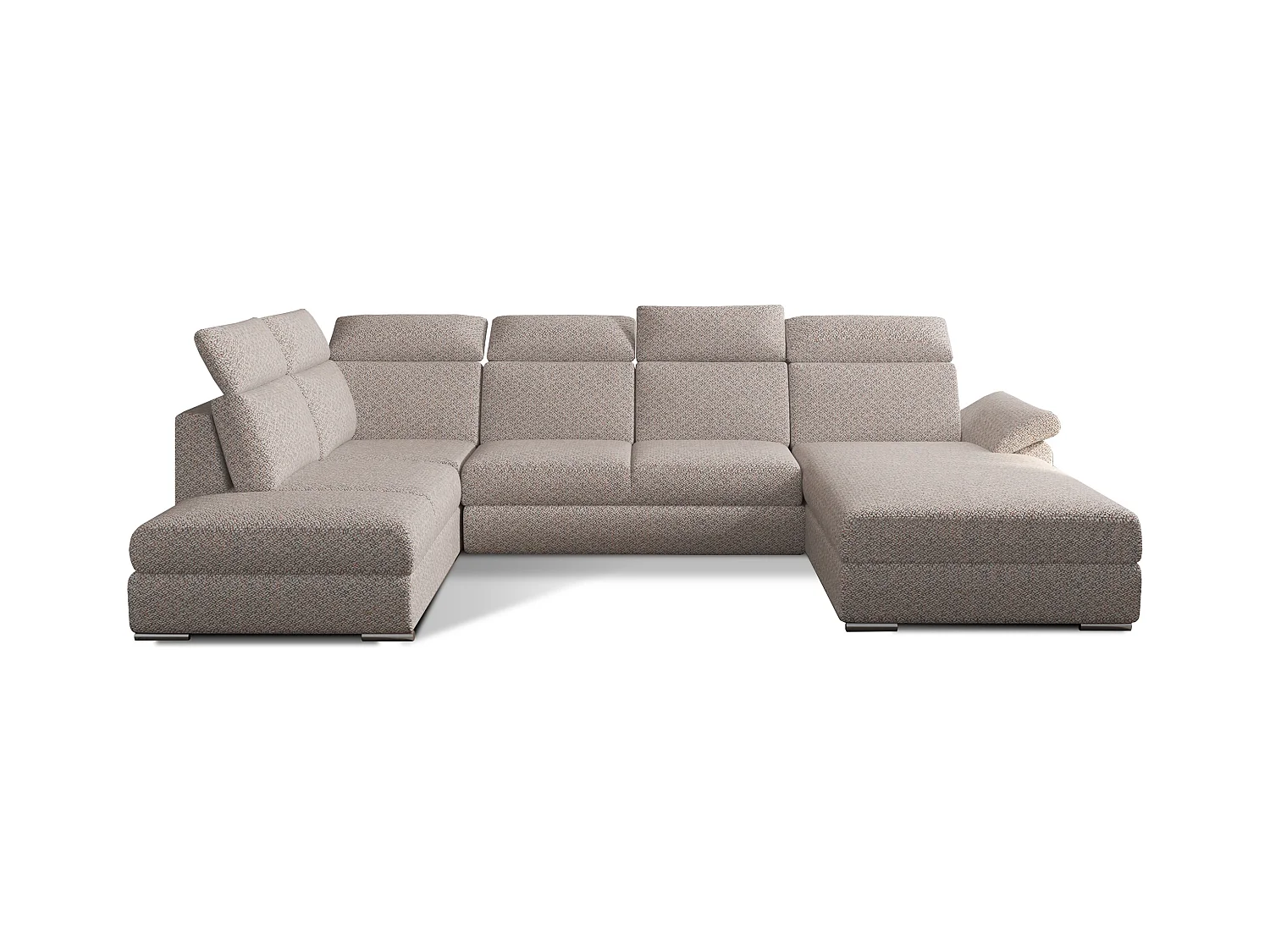 Canapé panoramique convertible LEVANO tissu - Rangement et appuie-têtes réglables-Beige clair-Coffre à droite