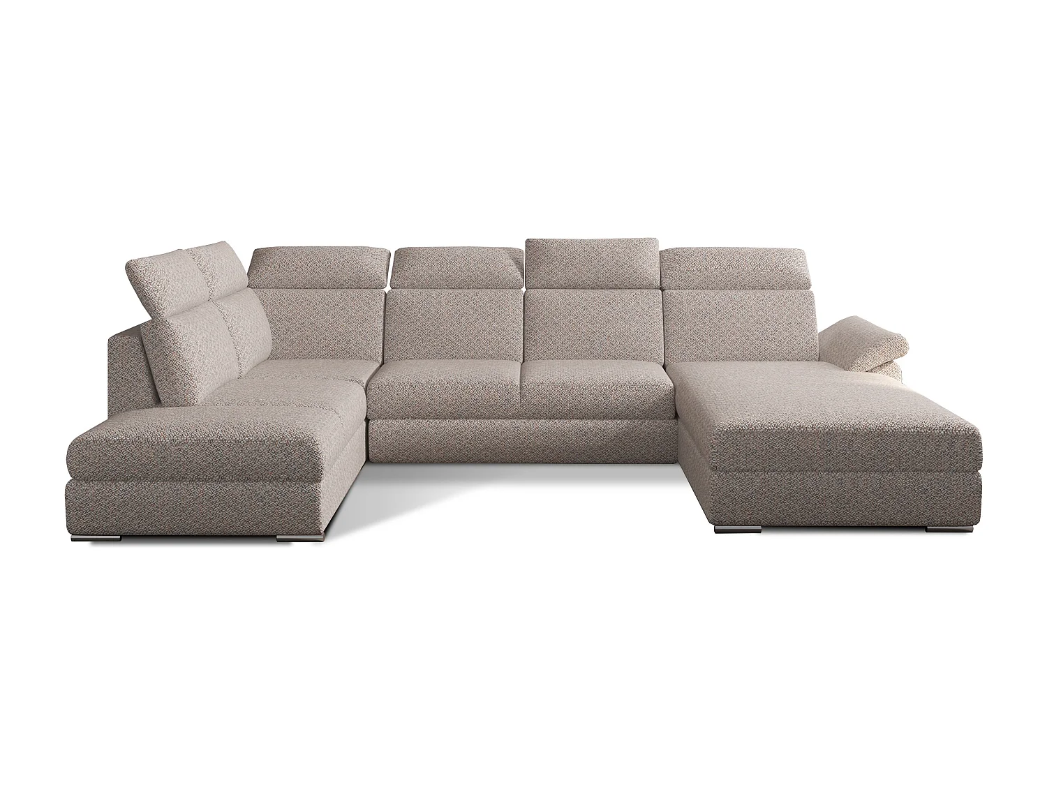 Canapé panoramique convertible LEVANO tissu - Rangement et appuie-têtes réglables-Beige clair-Coffre à droite