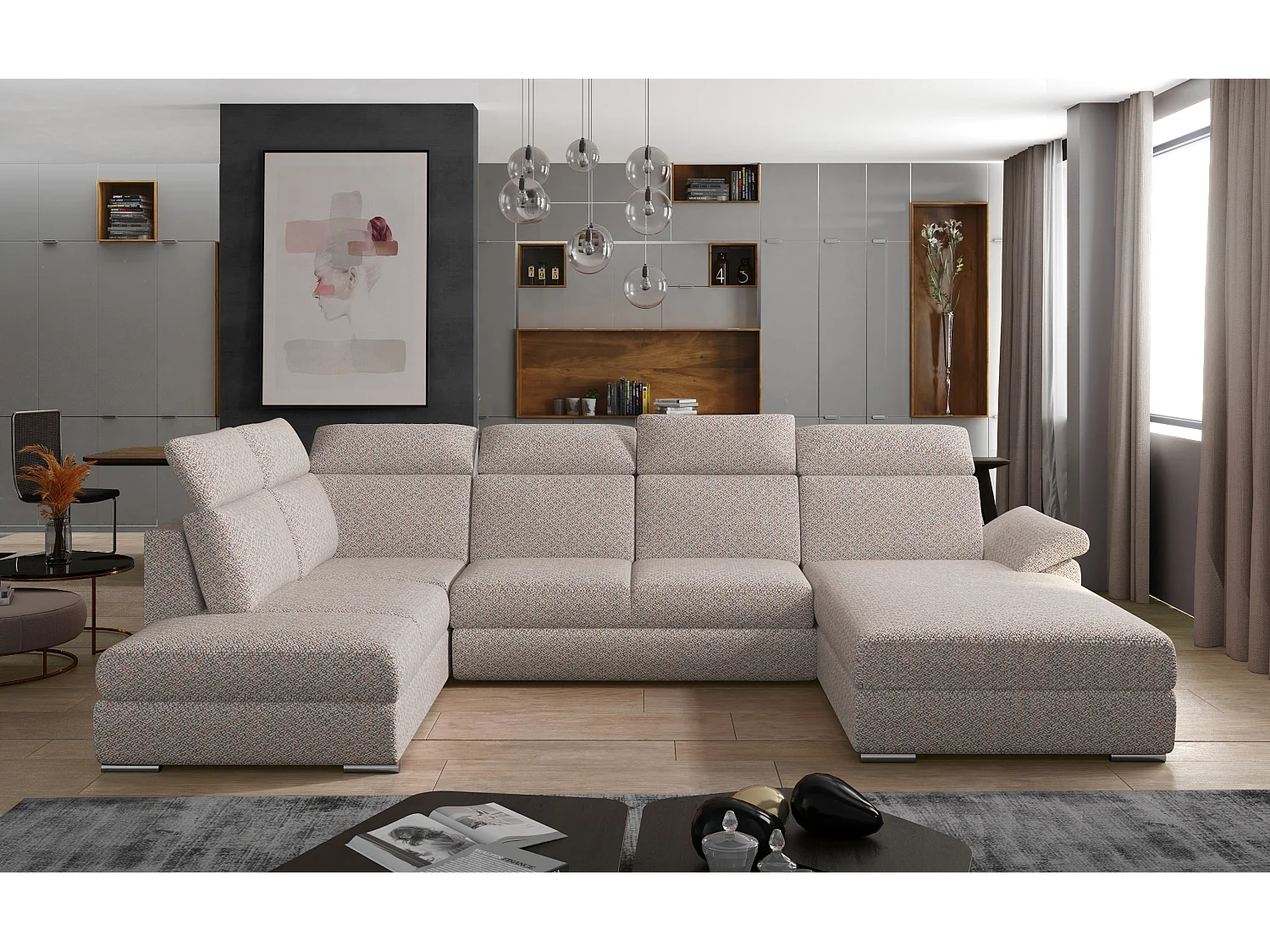 Canapé panoramique convertible LEVANO tissu - Rangement et appuie-têtes réglables-Beige clair-Coffre à droite