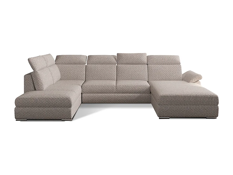 Canapé panoramique convertible LEVANO tissu - Rangement et appuie-têtes réglables-Beige clair-Coffre à droite
