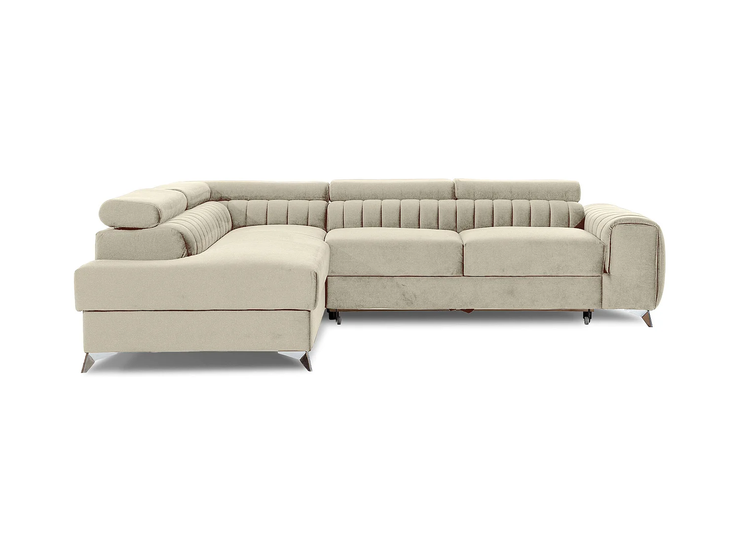 Canapé d'angle convertible velours appuis-tête réglables LOZA - Coffre et pieds acier chromé-Crème-angle gauche