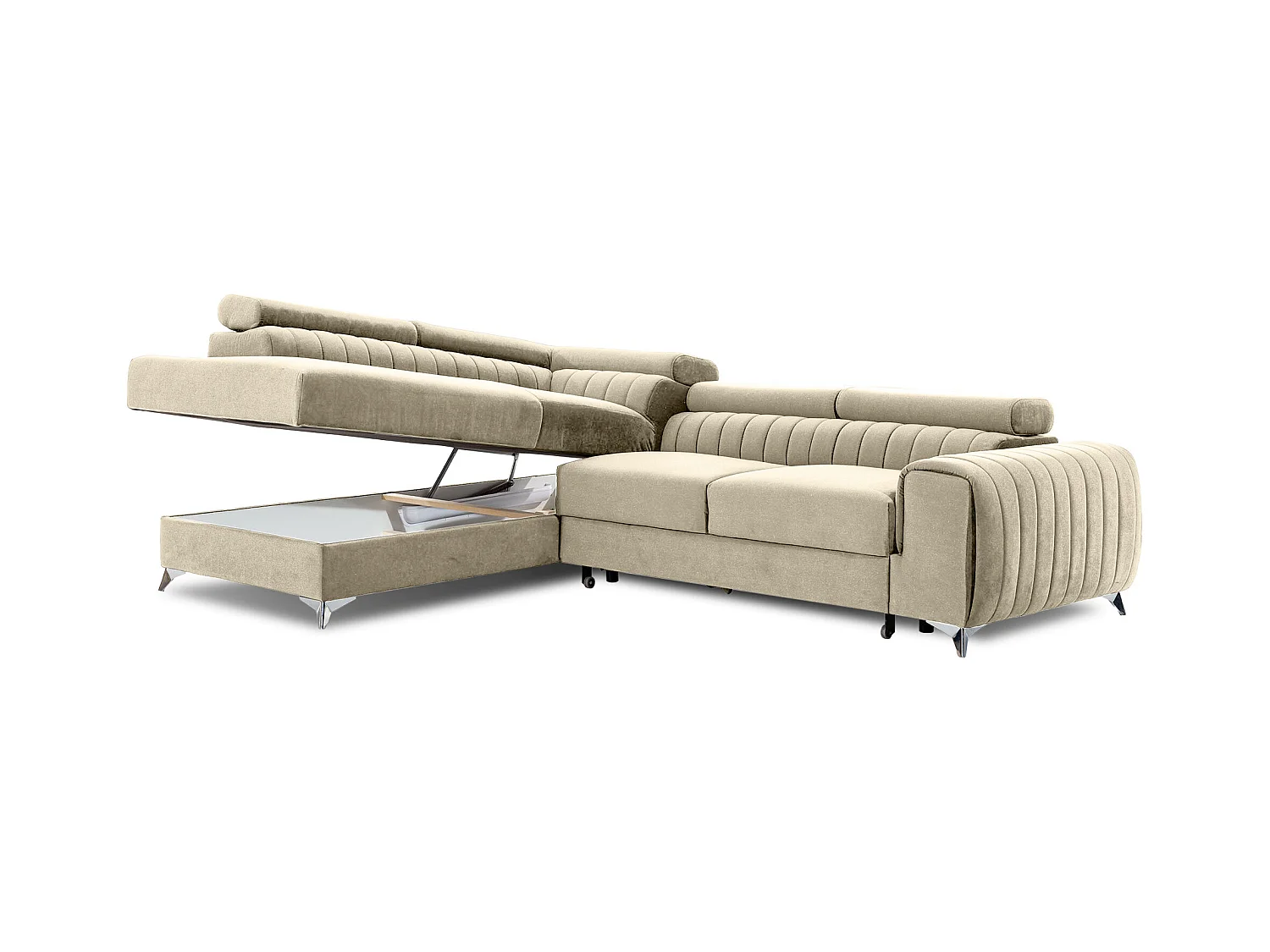 Canapé d'angle convertible velours appuis-tête réglables LOZA - Coffre et pieds acier chromé-Crème-angle gauche