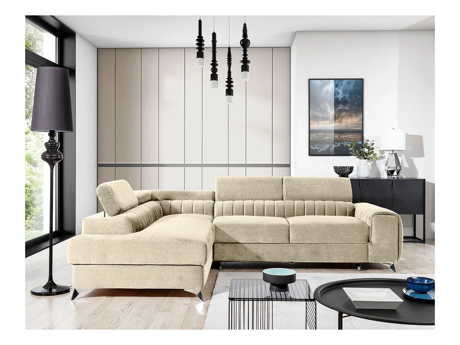 Canapé d'angle convertible velours appuis-tête réglables LOZA - Coffre et pieds acier chromé-Crème-angle gauche