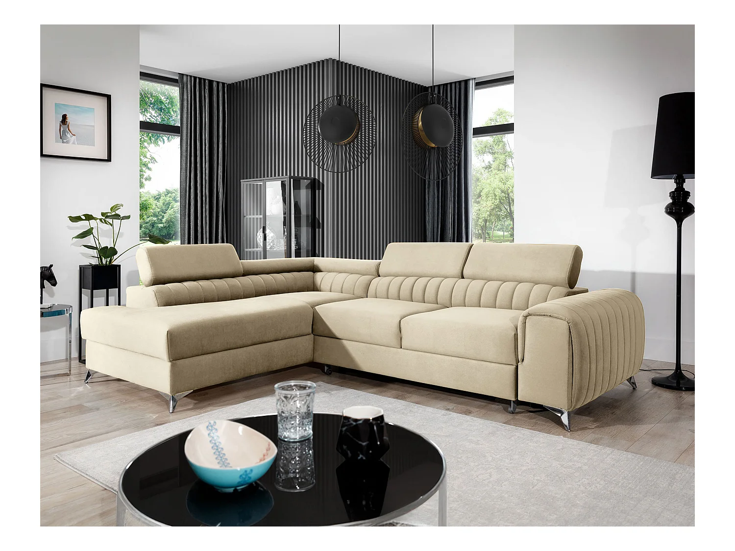 Canapé d'angle convertible velours appuis-tête réglables LOZA - Coffre et pieds acier chromé-Crème-angle gauche