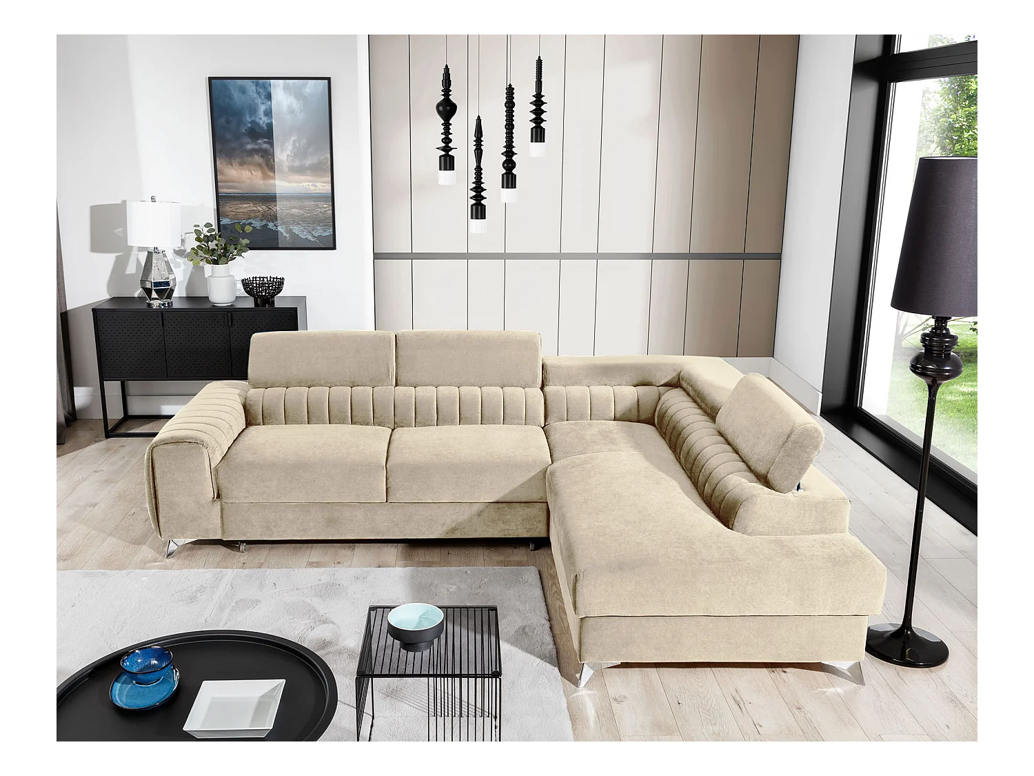 Canapé d'angle convertible velours appuis-tête réglables LOZA - Coffre et pieds acier chromé-Crème-angle gauche