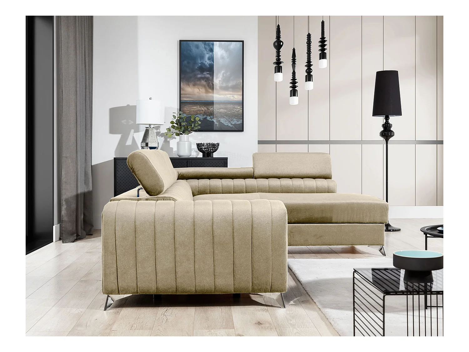 Canapé d'angle convertible velours appuis-tête réglables LOZA - Coffre et pieds acier chromé-Crème-angle gauche