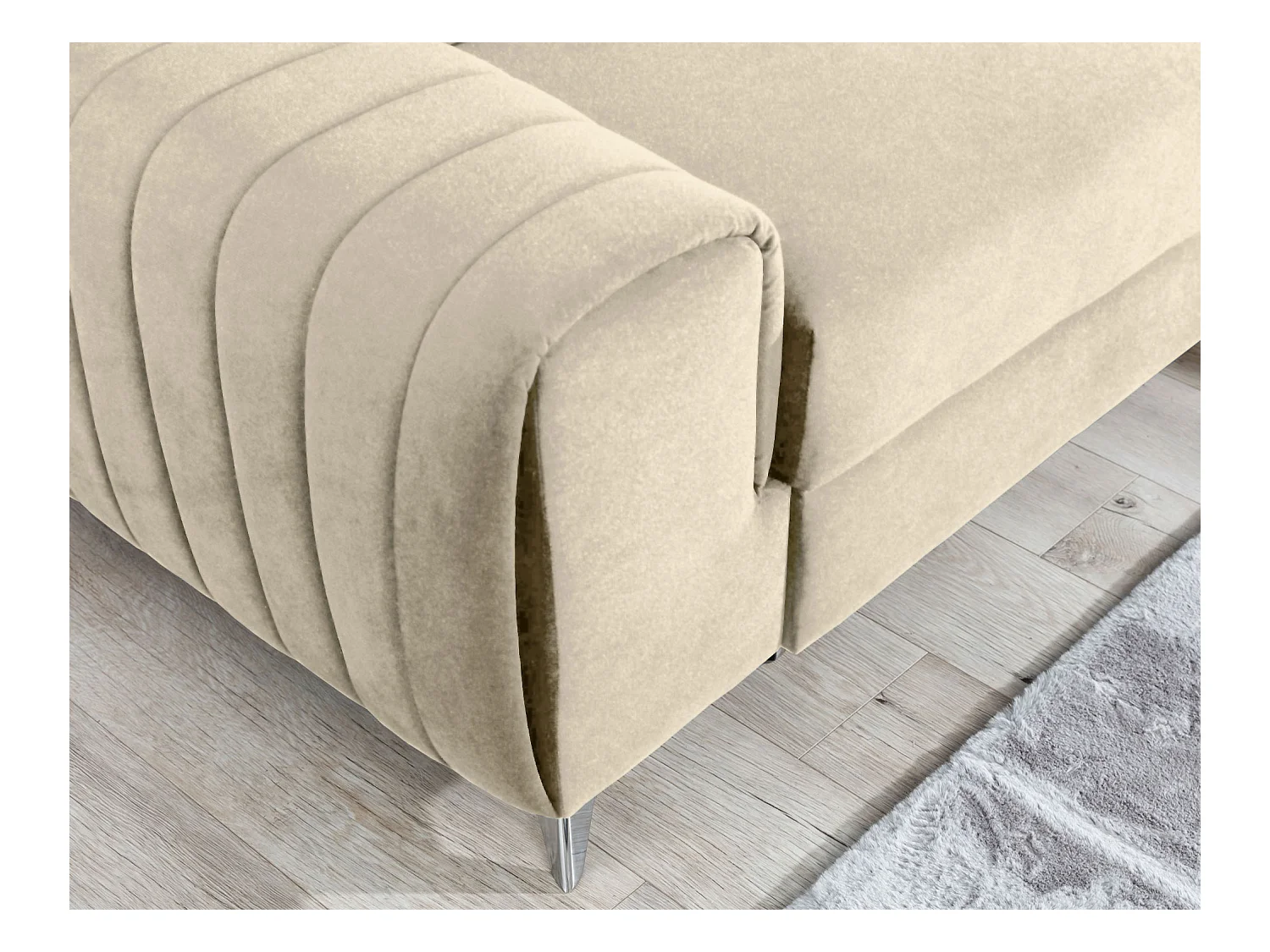 Canapé d'angle convertible velours appuis-tête réglables LOZA - Coffre et pieds acier chromé-Crème-angle gauche