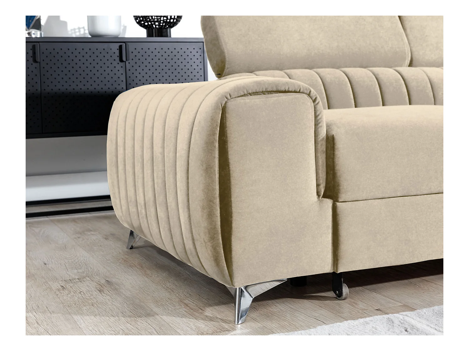 Canapé d'angle convertible velours appuis-tête réglables LOZA - Coffre et pieds acier chromé-Crème-angle gauche