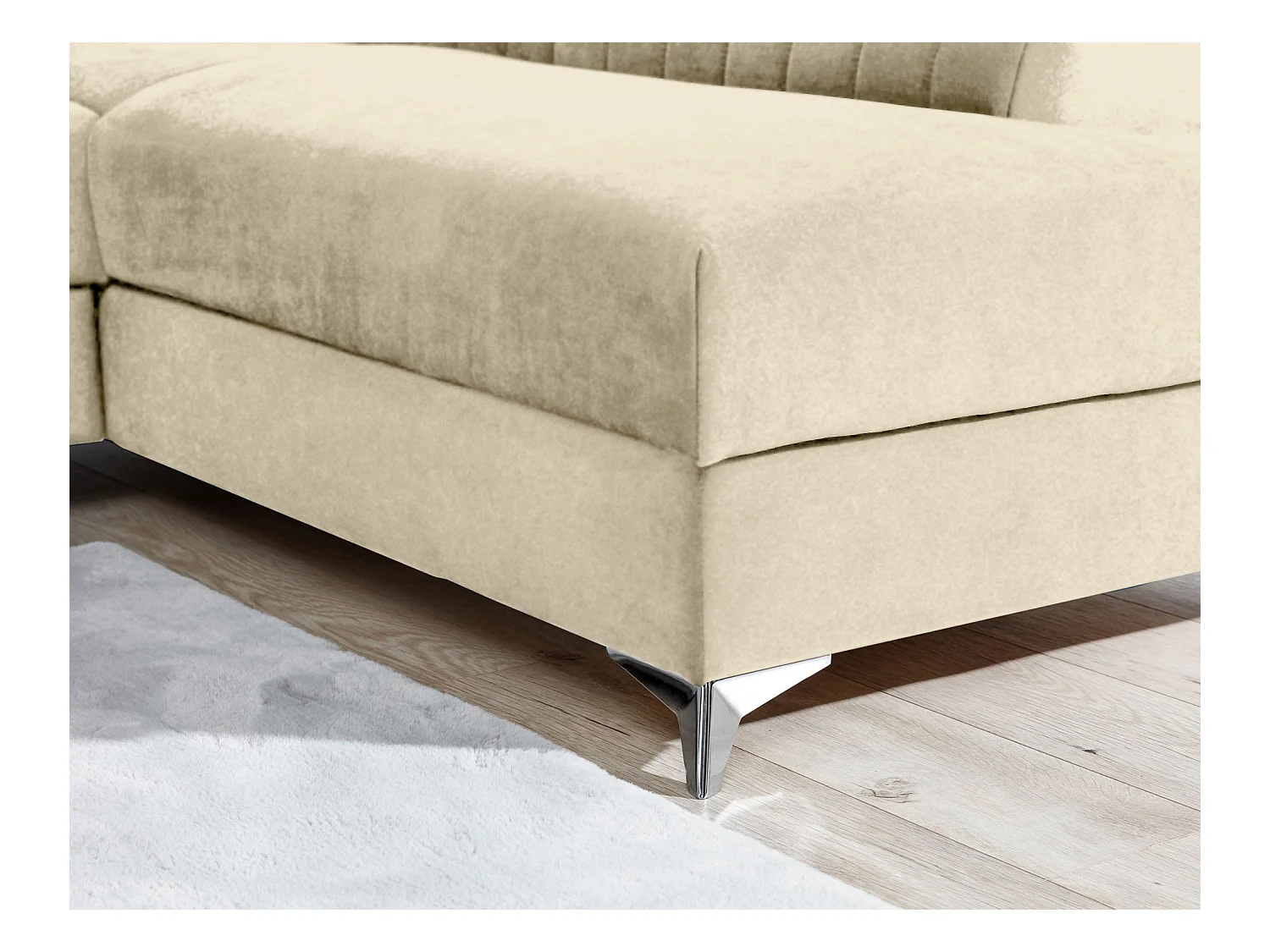 Canapé d'angle convertible velours appuis-tête réglables LOZA - Coffre et pieds acier chromé-Crème-angle gauche