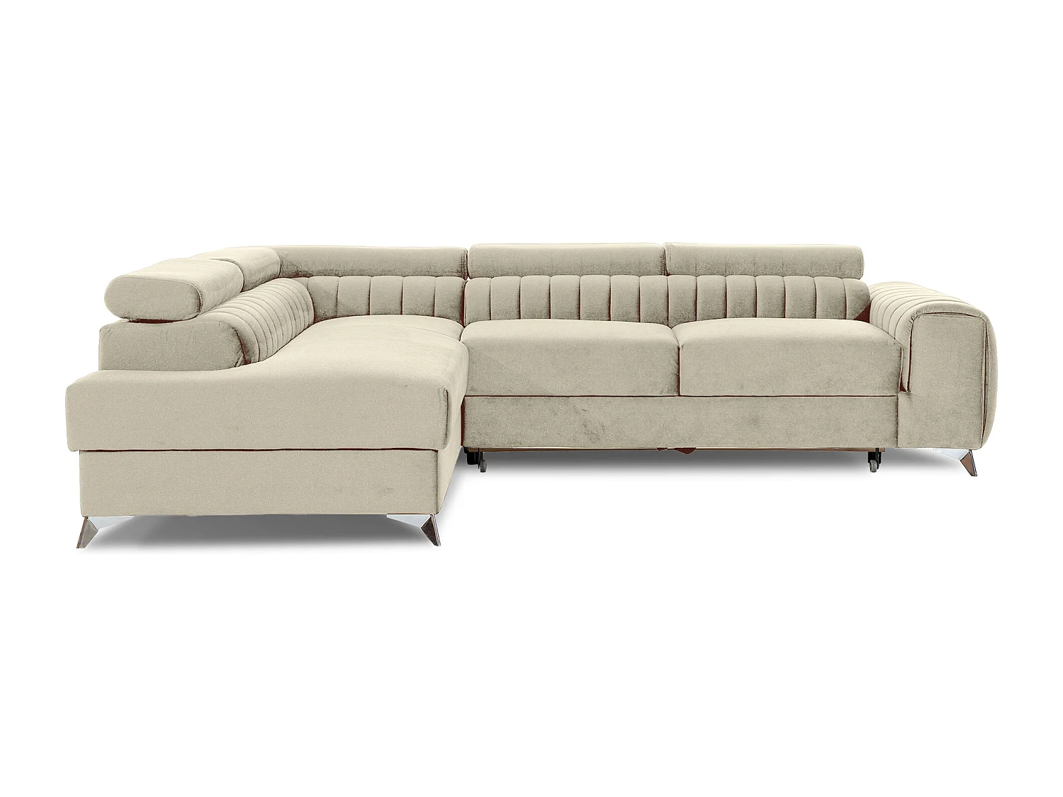 Canapé d'angle convertible velours appuis-tête réglables LOZA - Coffre et pieds acier chromé-Crème-angle gauche