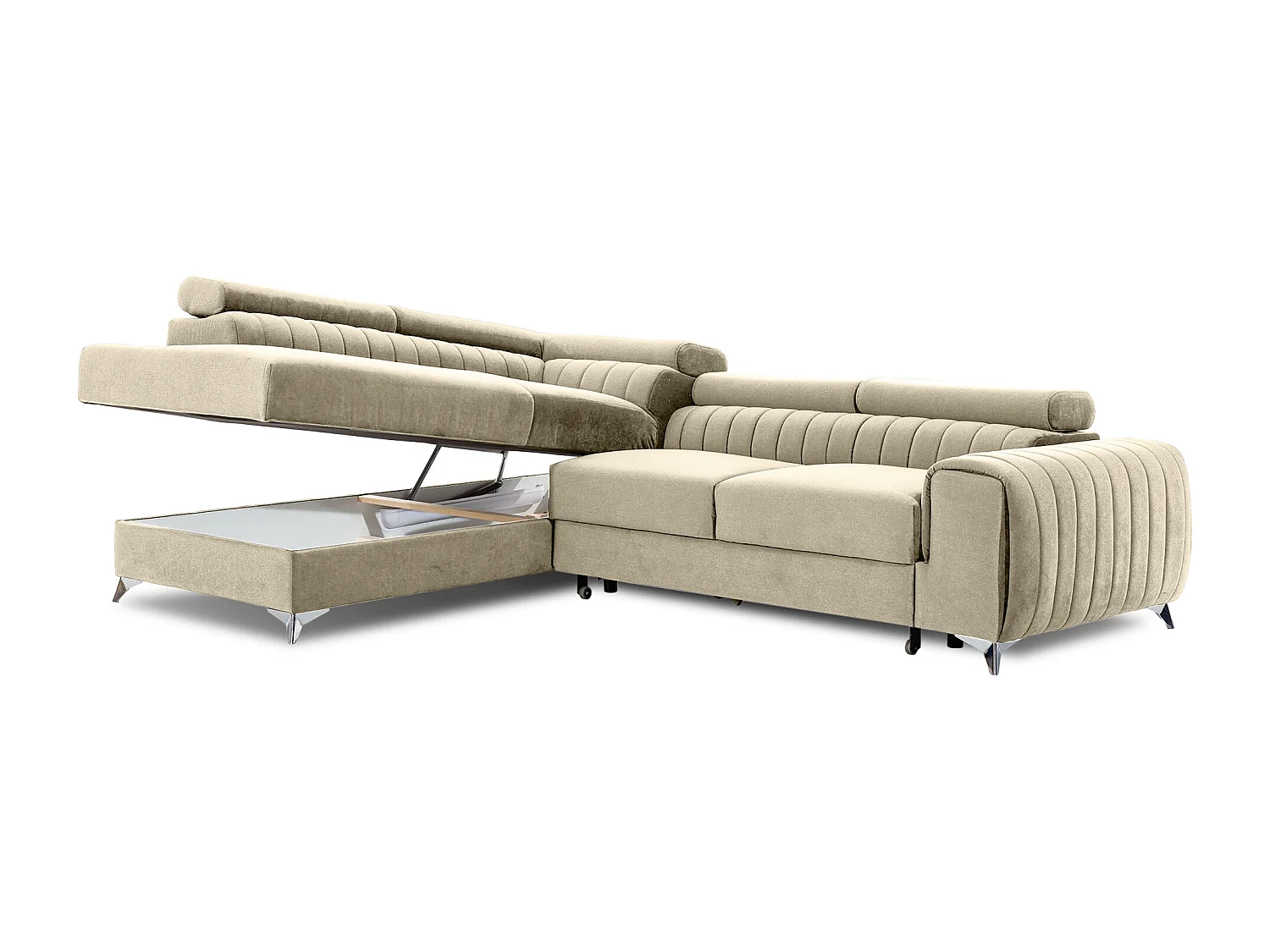Canapé d'angle convertible velours appuis-tête réglables LOZA - Coffre et pieds acier chromé-Crème-angle gauche