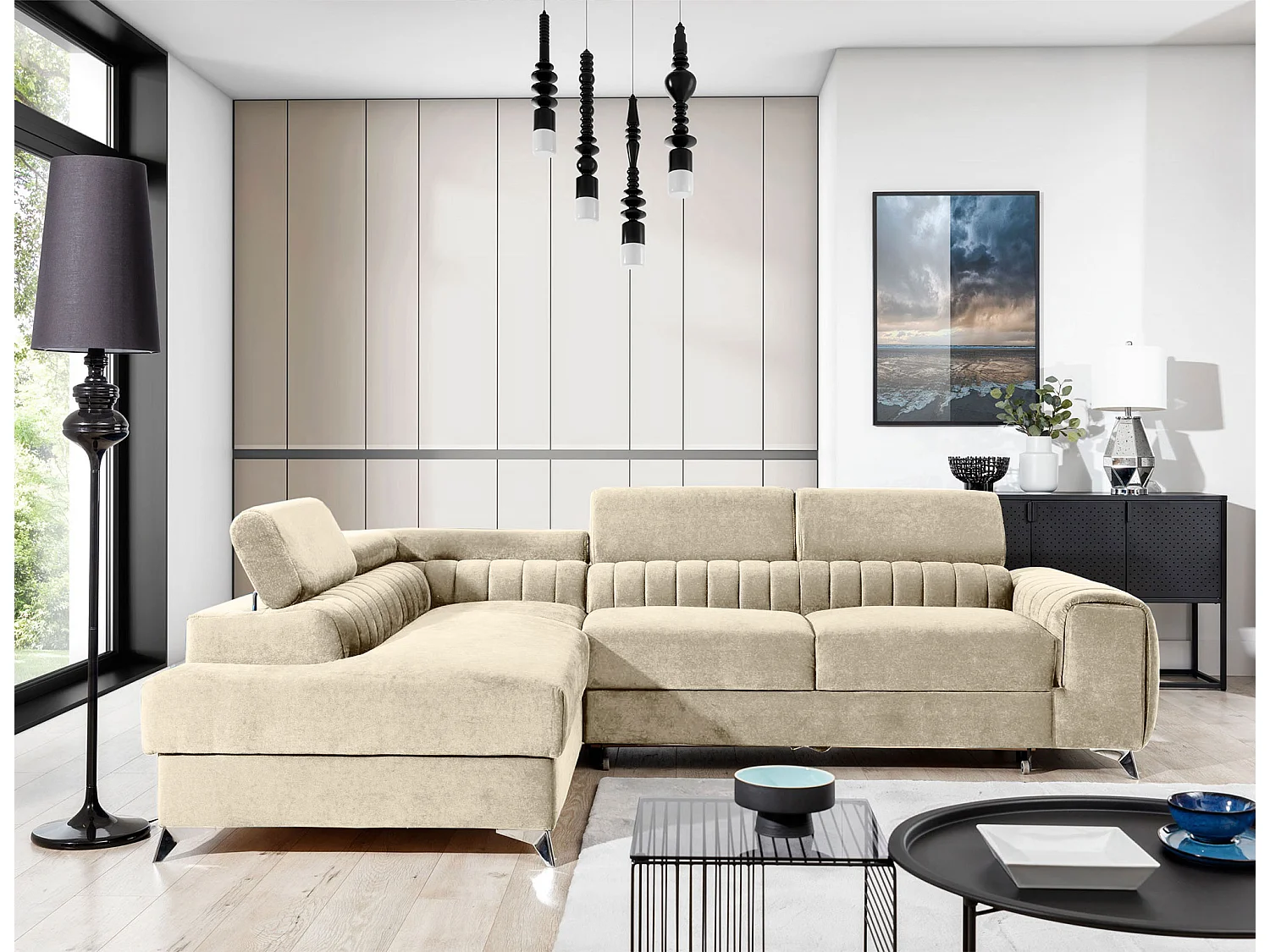 Canapé d'angle convertible velours appuis-tête réglables LOZA - Coffre et pieds acier chromé-Crème-angle gauche