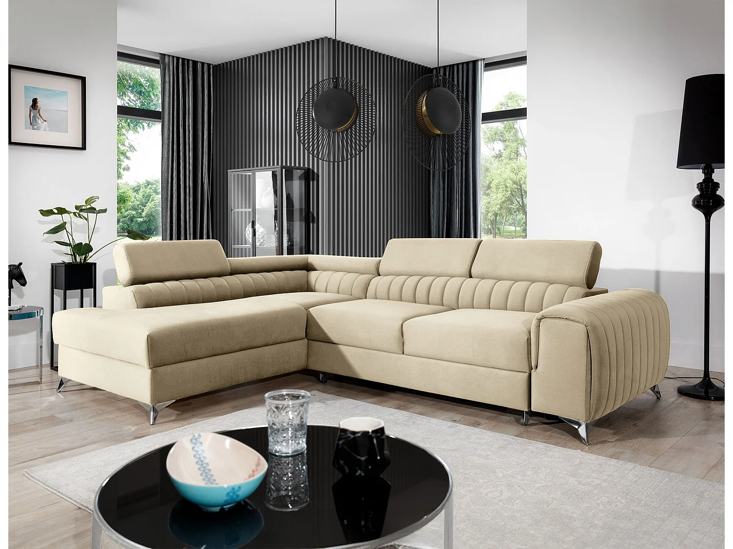 Canapé d'angle convertible velours appuis-tête réglables LOZA - Coffre et pieds acier chromé-Crème-angle gauche