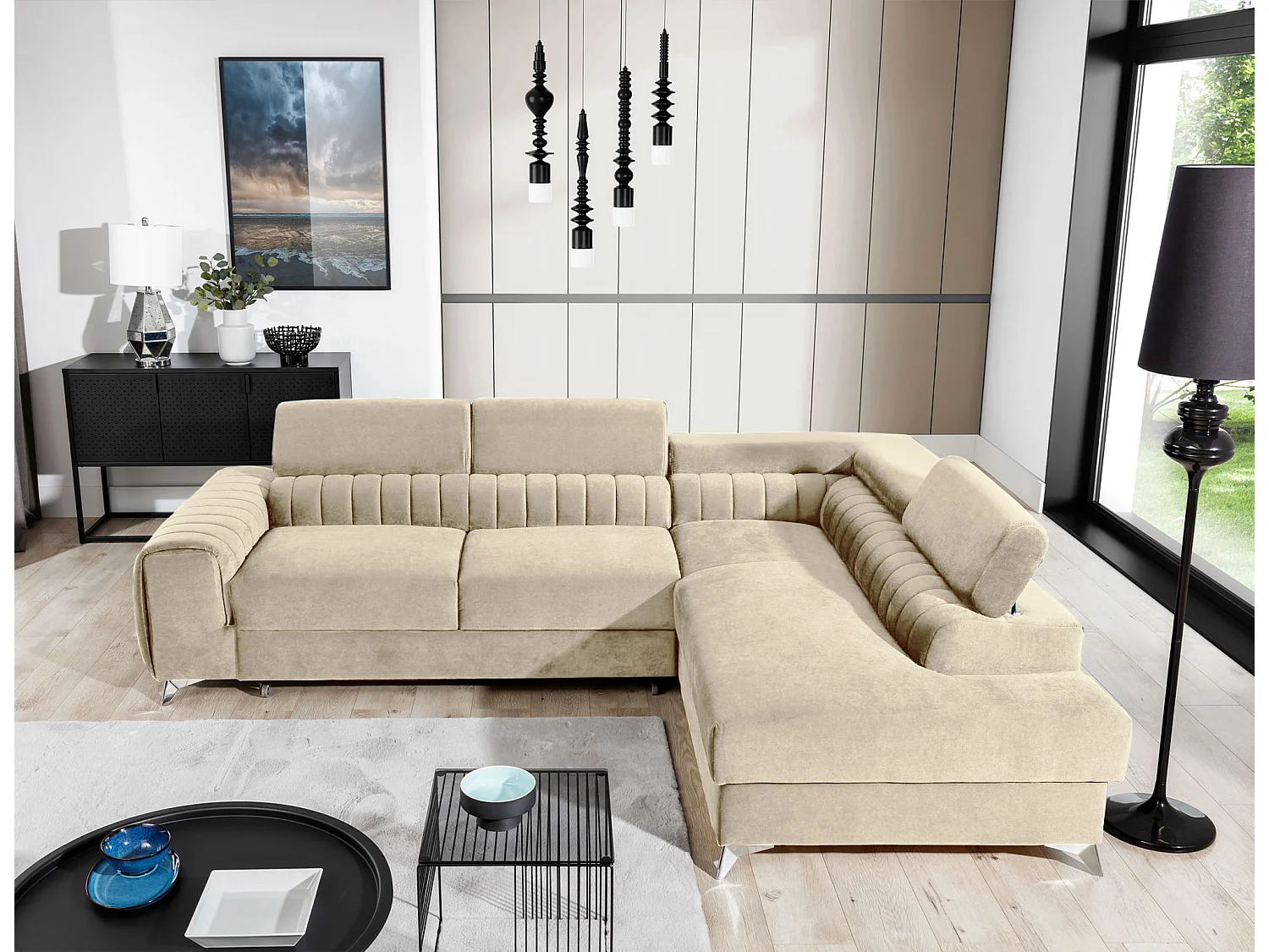 Canapé d'angle convertible velours appuis-tête réglables LOZA - Coffre et pieds acier chromé-Crème-angle gauche