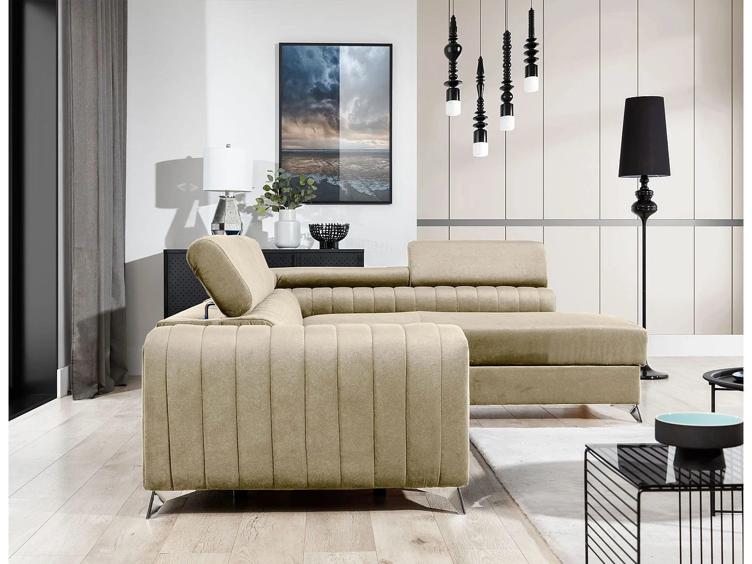 Canapé d'angle convertible velours appuis-tête réglables LOZA - Coffre et pieds acier chromé-Crème-angle gauche