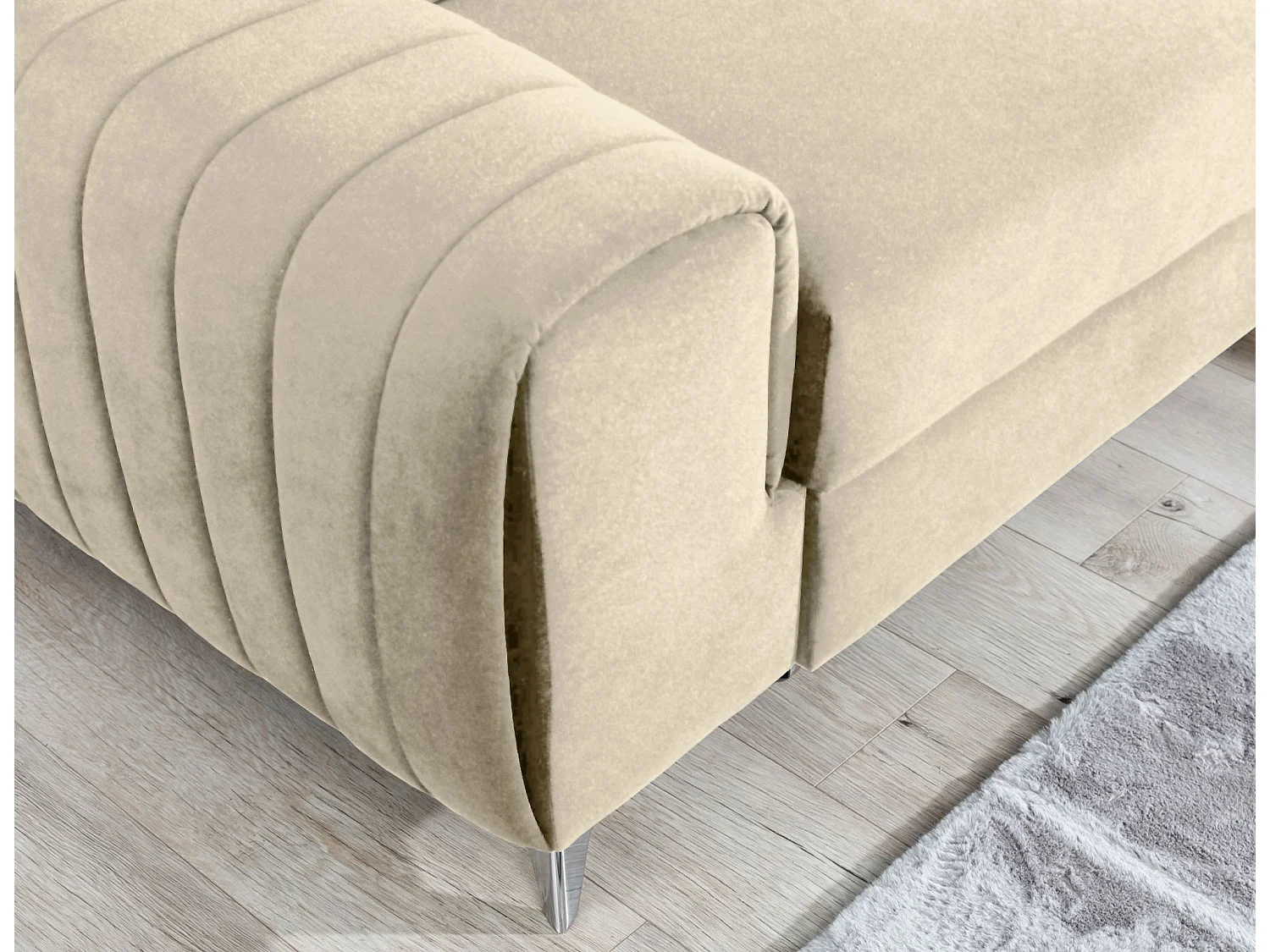 Canapé d'angle convertible velours appuis-tête réglables LOZA - Coffre et pieds acier chromé-Crème-angle gauche