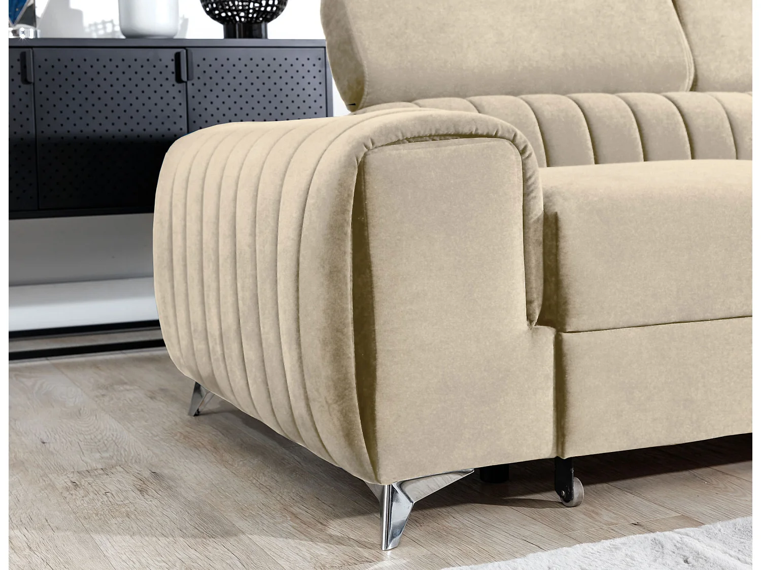 Canapé d'angle convertible velours appuis-tête réglables LOZA - Coffre et pieds acier chromé-Crème-angle gauche