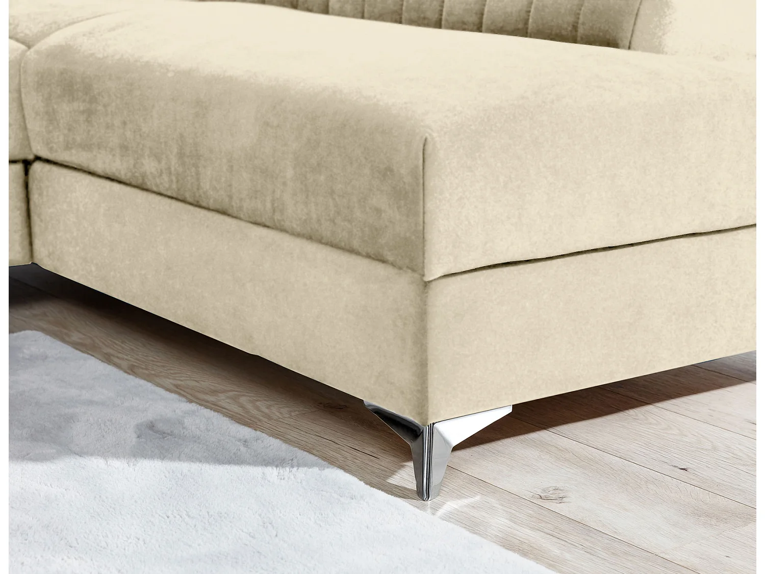 Canapé d'angle convertible velours appuis-tête réglables LOZA - Coffre et pieds acier chromé-Crème-angle gauche