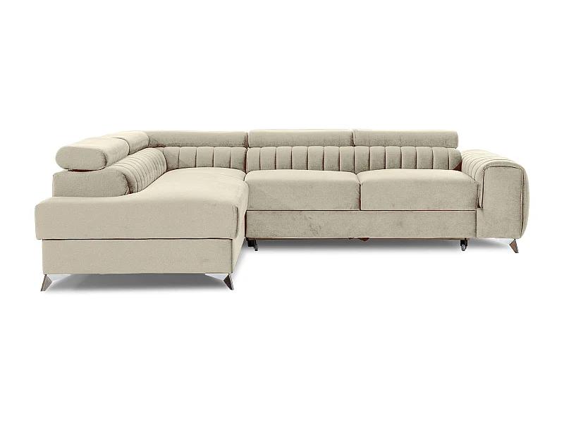 Canapé d'angle convertible velours appuis-tête réglables LOZA - Coffre et pieds acier chromé-Crème-angle gauche