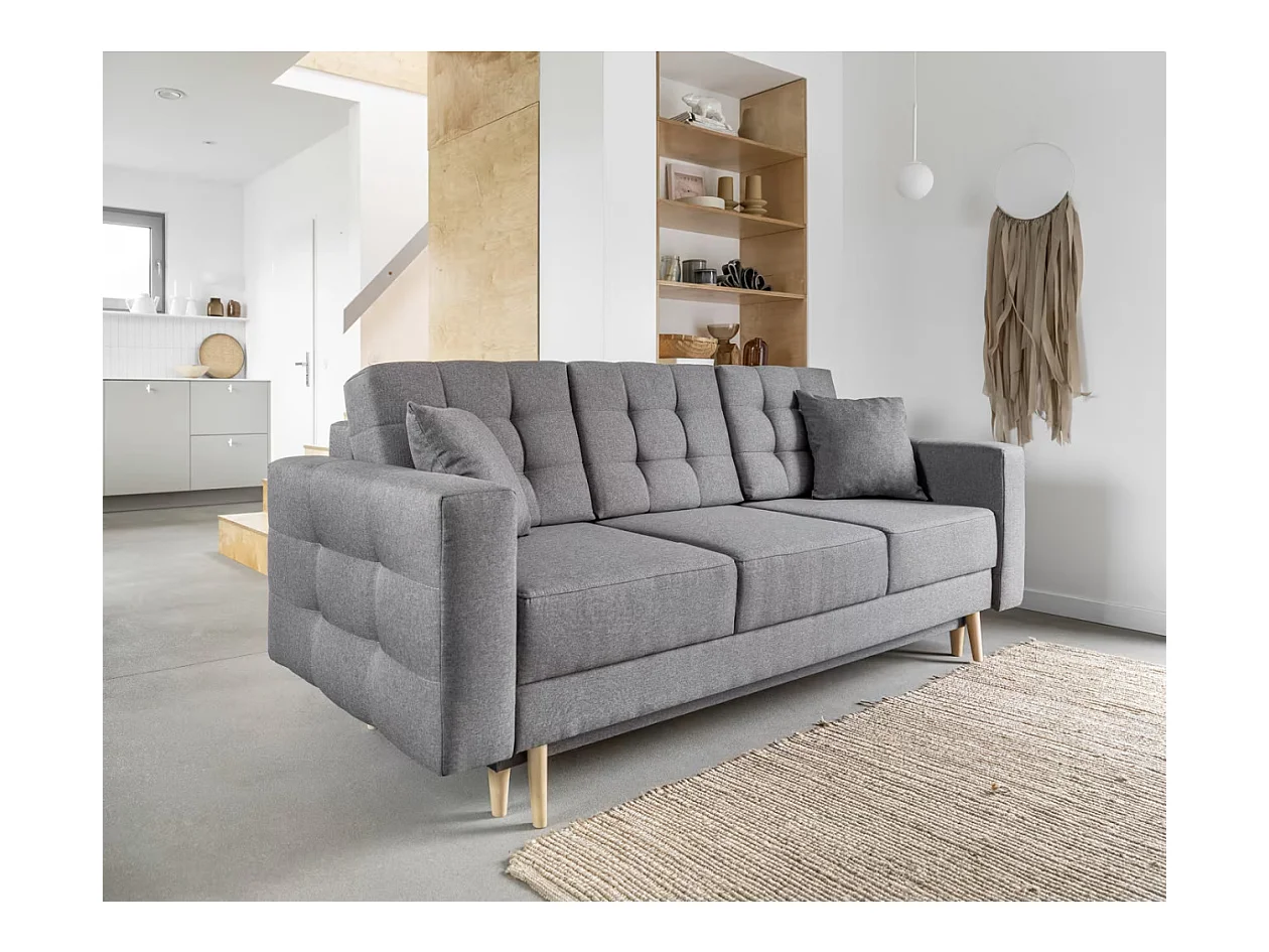 Canapé convertible tissu ANSKA - Pieds bois naturel-Gris