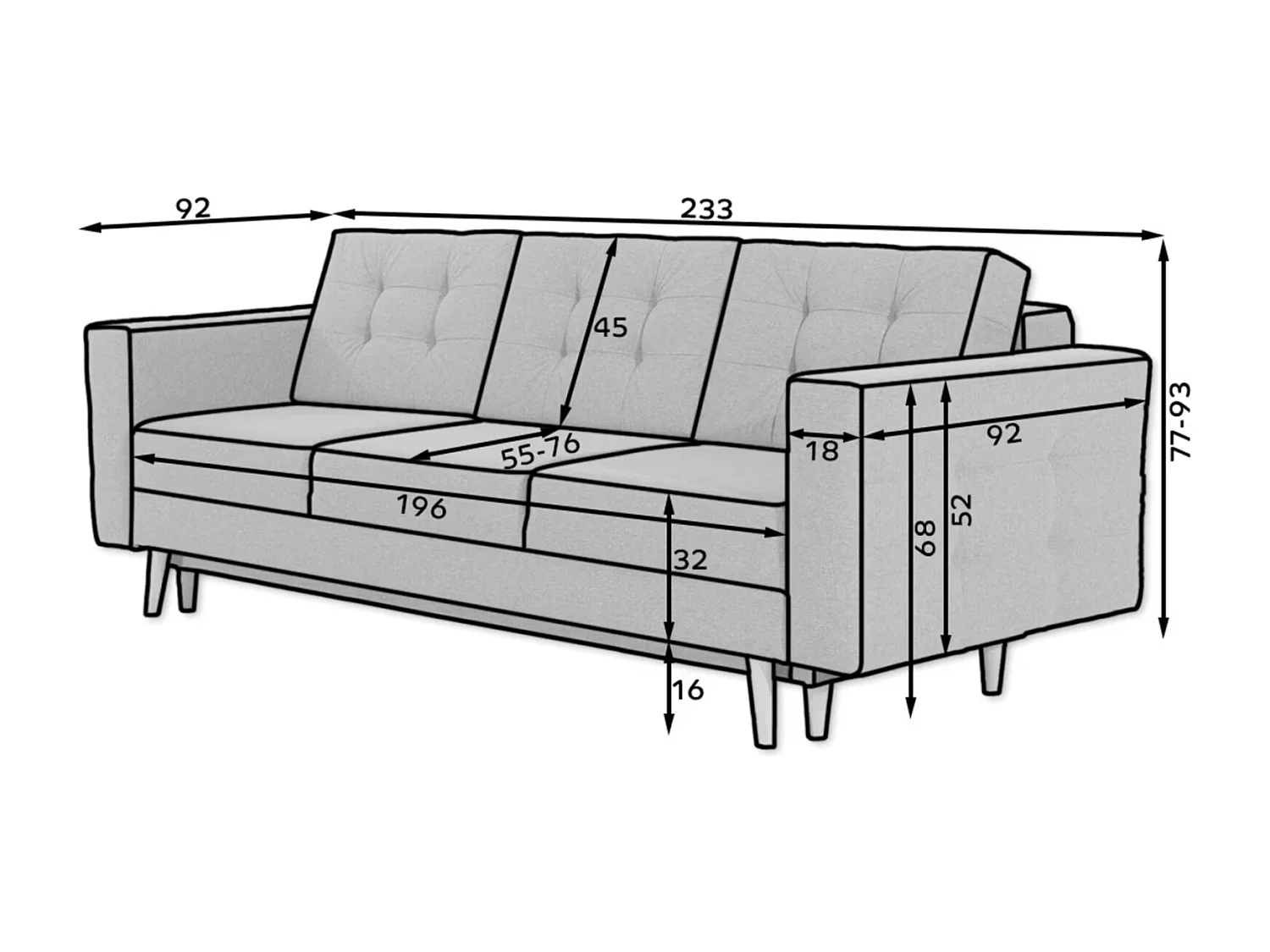 Canapé convertible tissu ANSKA - Pieds bois naturel-Gris