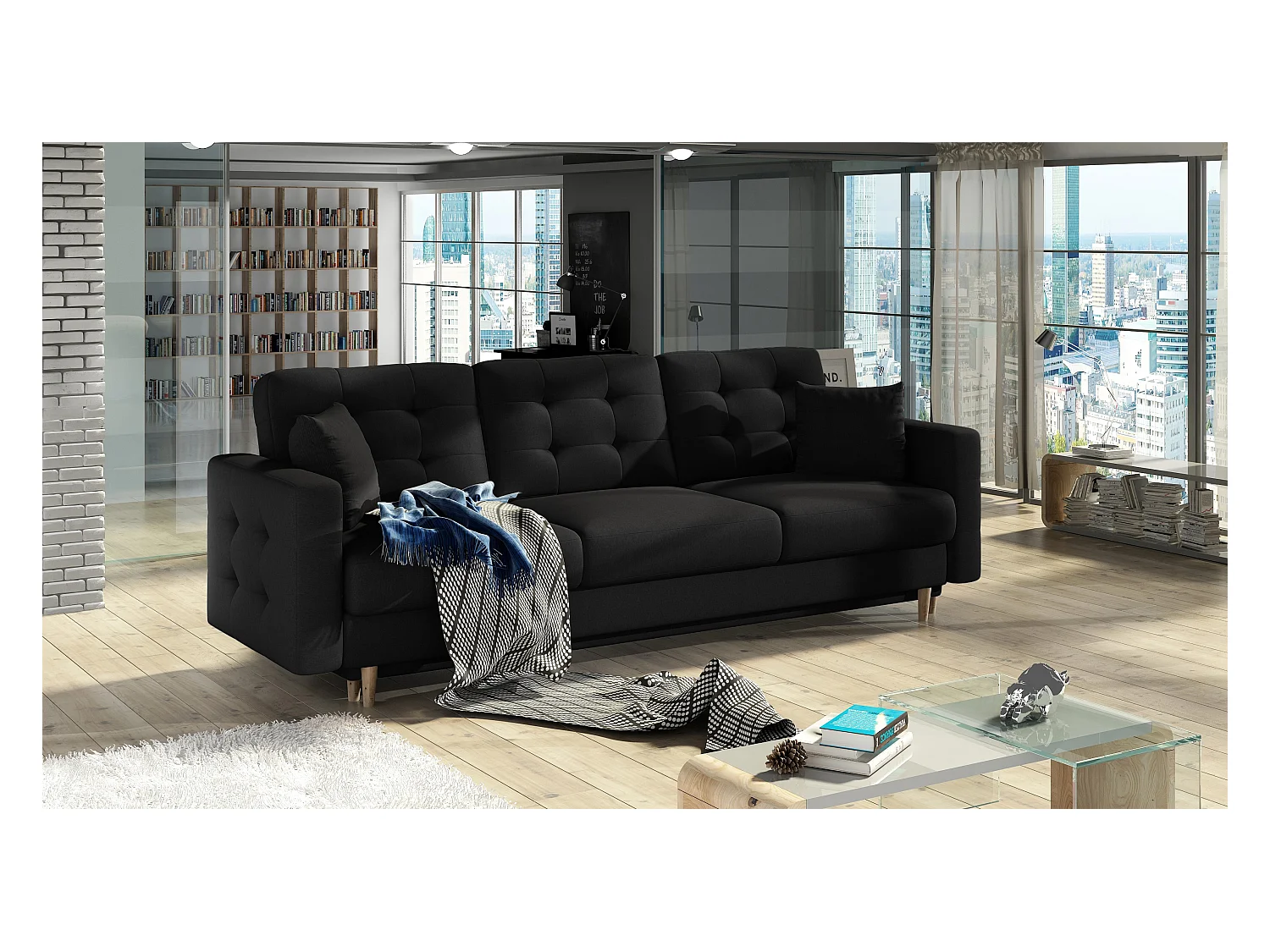 Canapé convertible tissu ANSKA - Pieds bois naturel-Gris