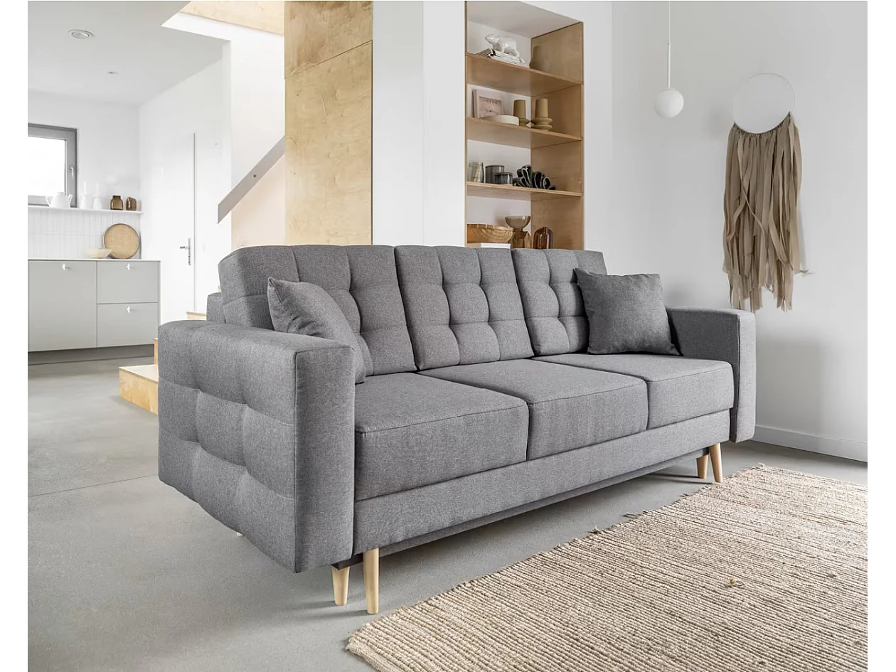 Canapé convertible tissu ANSKA - Pieds bois naturel-Gris
