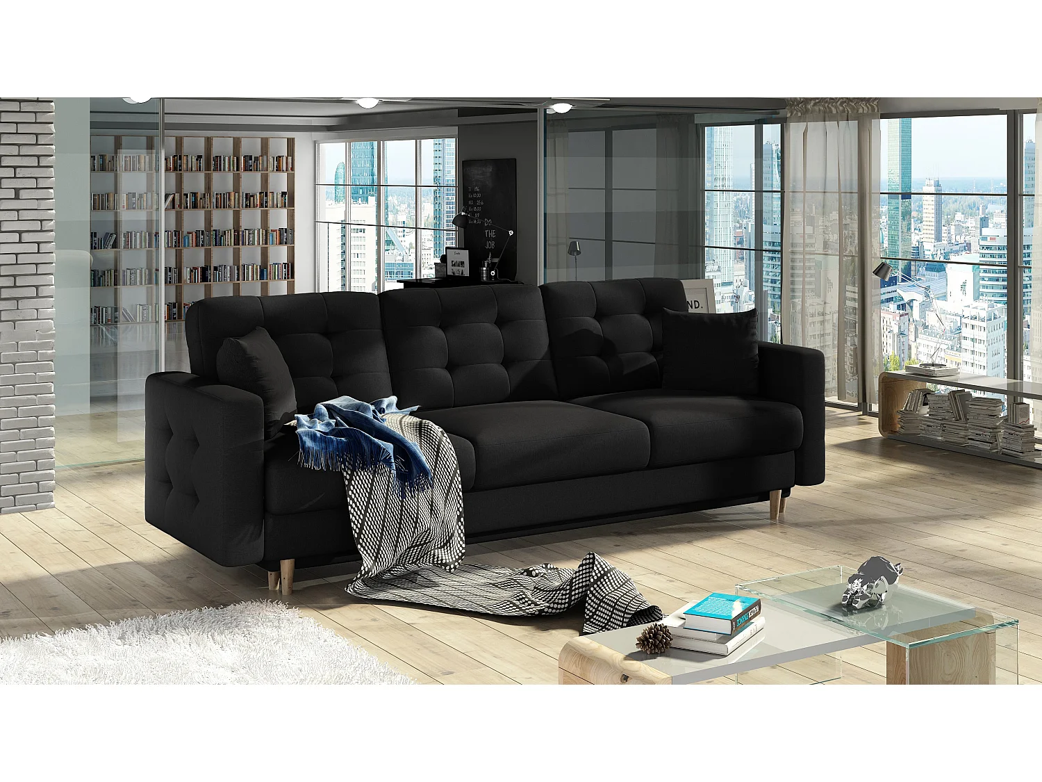 Canapé convertible tissu ANSKA - Pieds bois naturel-Gris